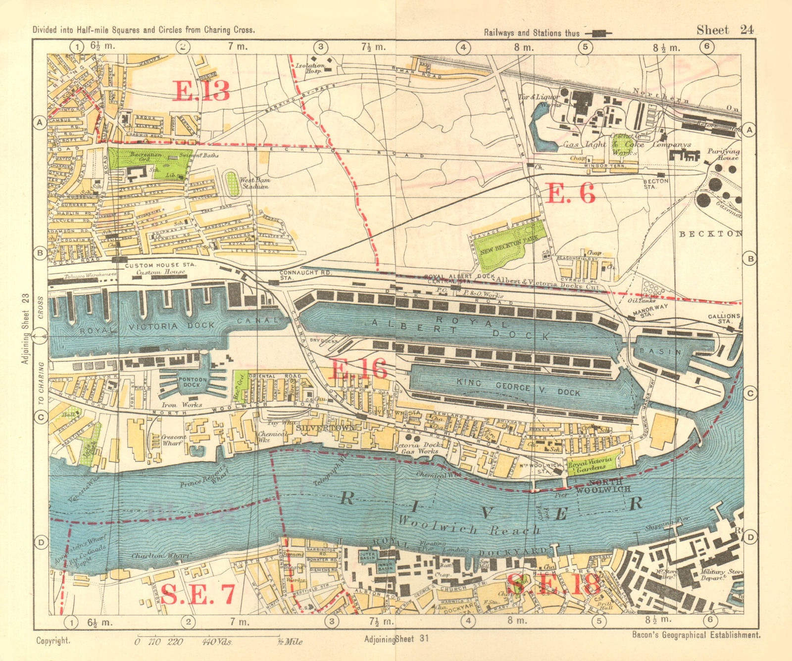 E LONDON Royal Victoria/Albert Docks Beckton Woolwich Silvertown.BACON 1928 map
