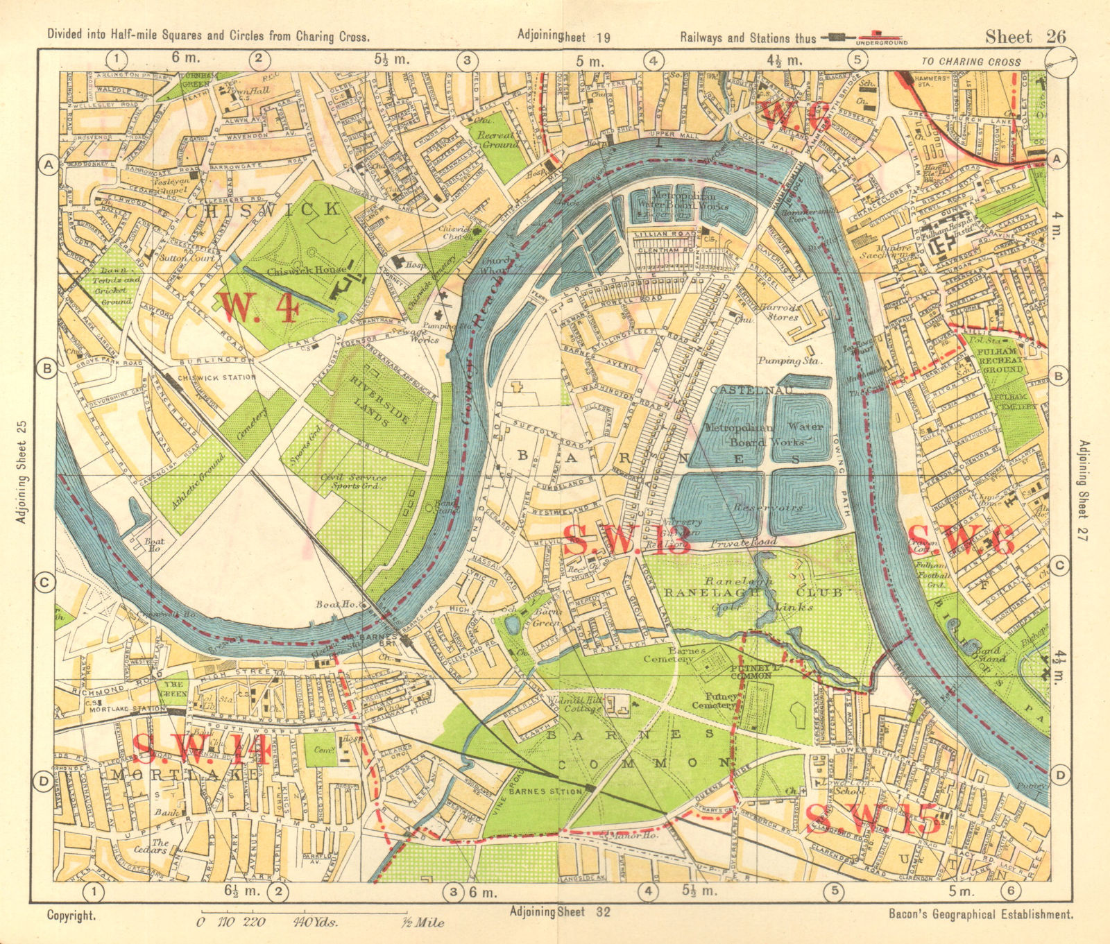 SW LONDON. Chiswick Barnes Castlenau Fulham Hammersmith Mortlake.BACON 1928 map