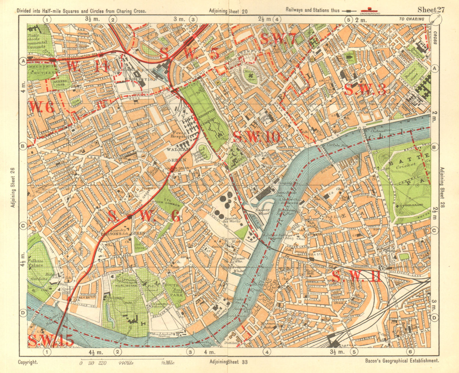 SW LONDON. Fulham Chelsea Battersea Walham/Parson's Green. BACON 1928 old map