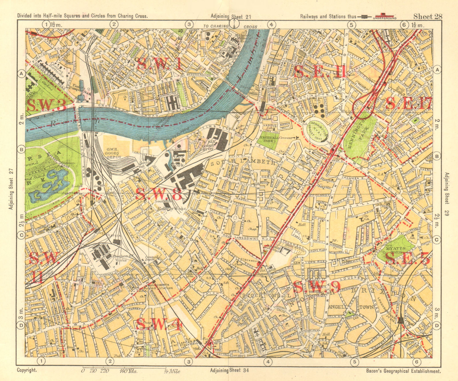 S LONDON. Kennington Battersea Pimlico Brixton Lambeth Clapham. BACON 1928 map