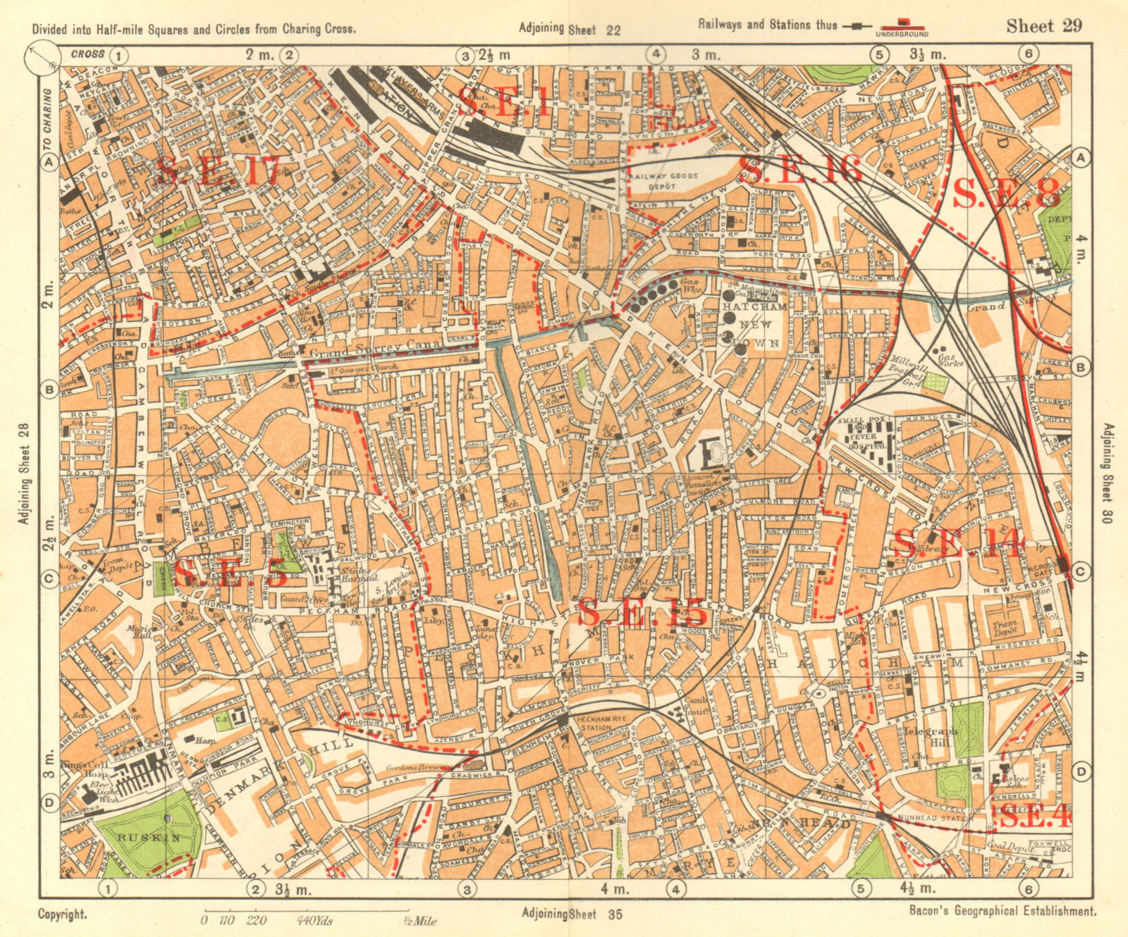 SE LONDON. Peckham Camberwell Hatcham Denmark Hill Surrey canal. BACON 1928 map