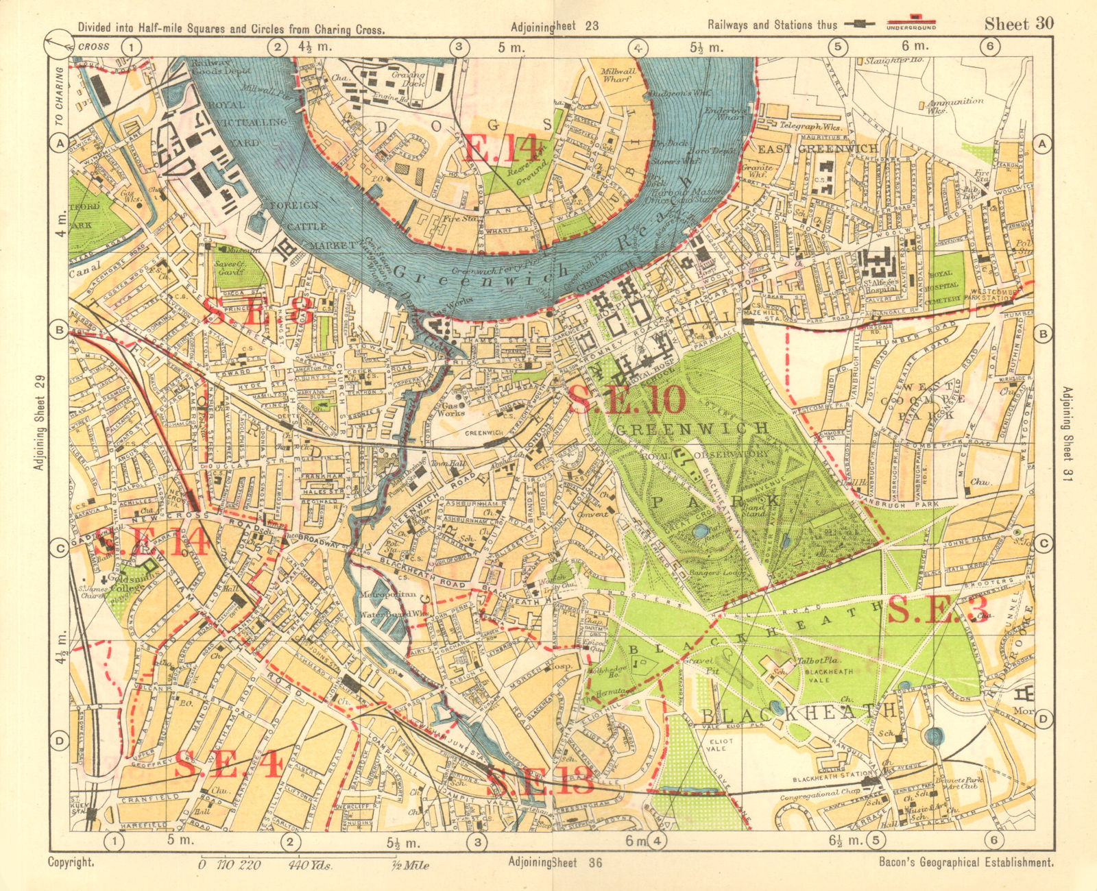Associate Product SE LONDON. Deptford Greenwich Cubitt Town Lewisham Blackheath. BACON 1928 map