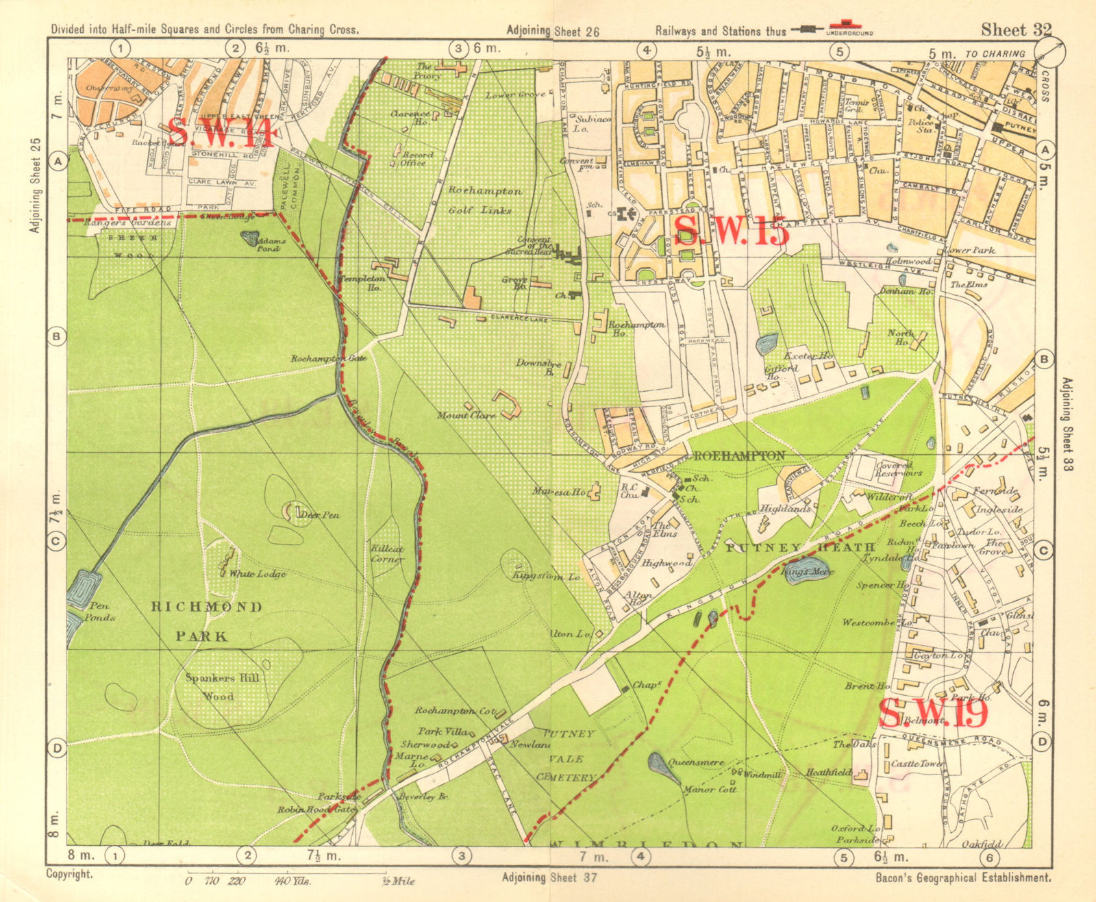 Associate Product SW LONDON. Putney Roehampton Richmond Park Wimbledon Common. BACON 1928 map