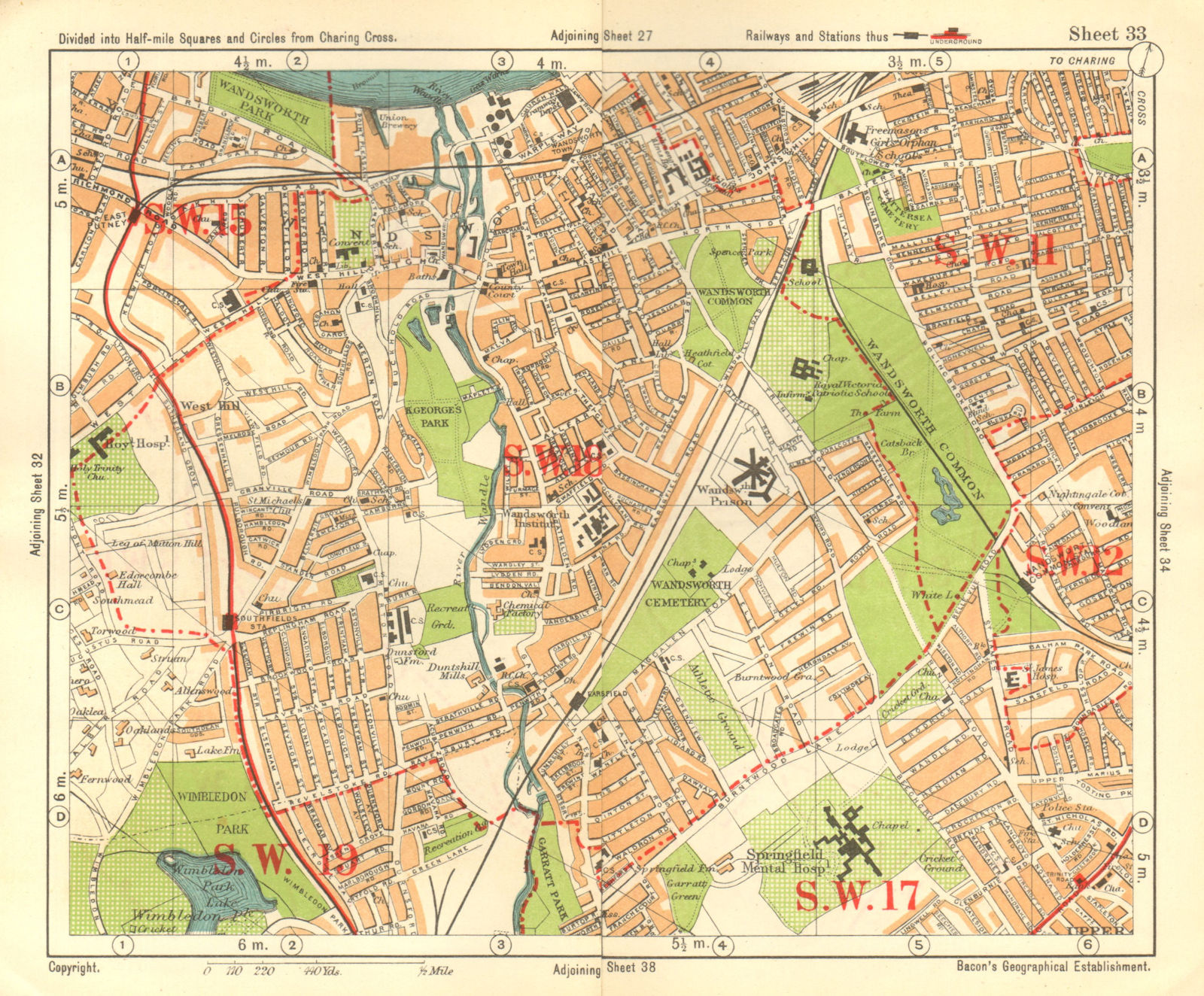 SW LONDON. Wandsworth E Putney Wimbledon Earlsfield Southfields. BACON 1928 map