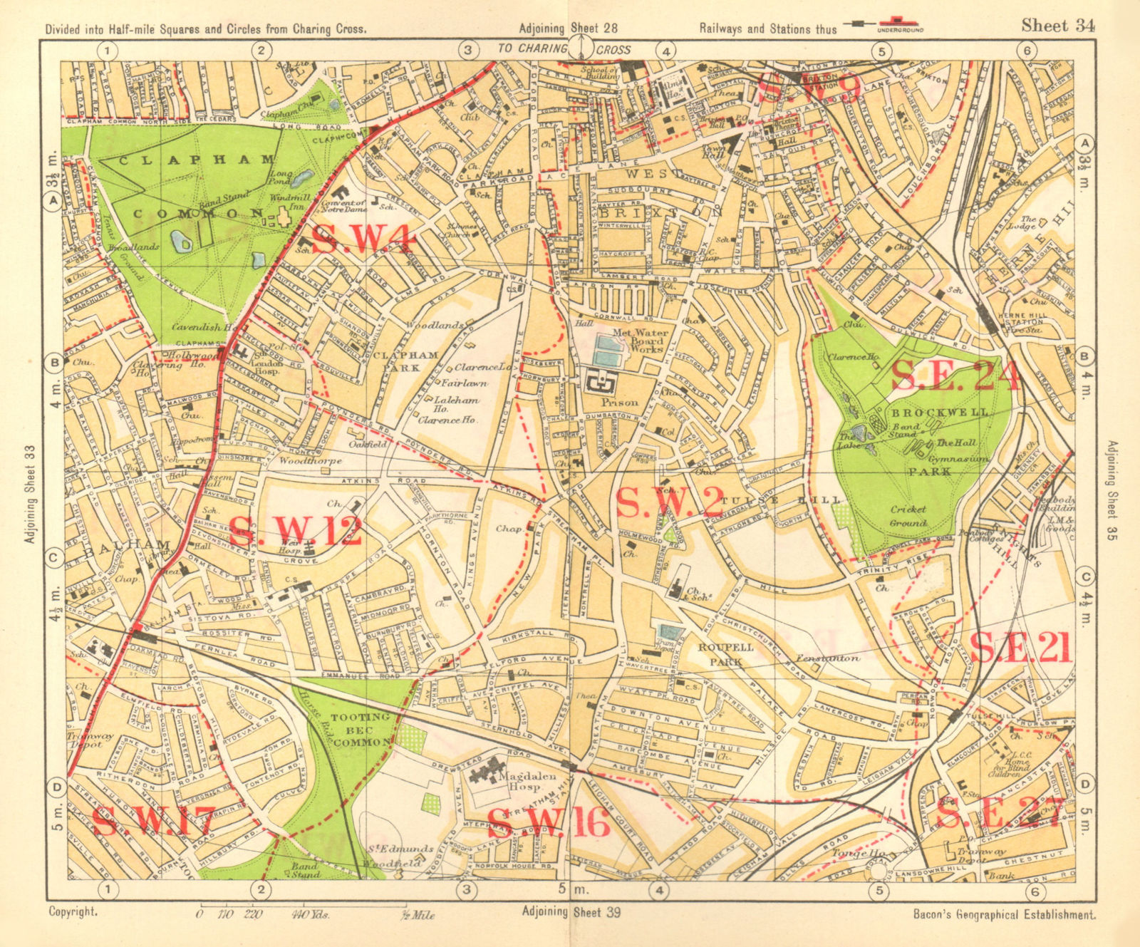 S LONDON. Brixton Clapham Balham Herne Hill Streatham Tusle Hill.BACON 1928 map