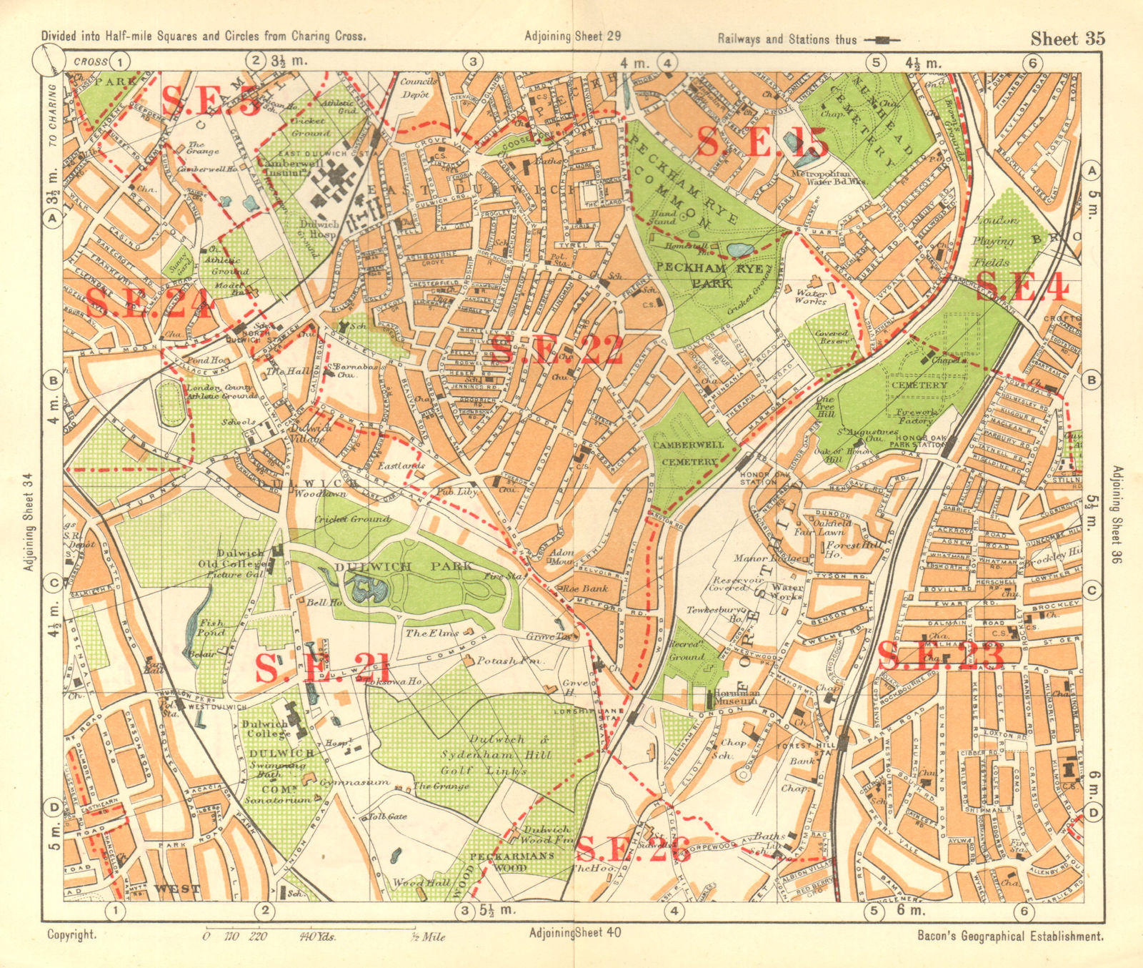 SE LONDON. Dulwich Honor Oak Forest Hill Herne Hill Peckham Rye. BACON 1928 map