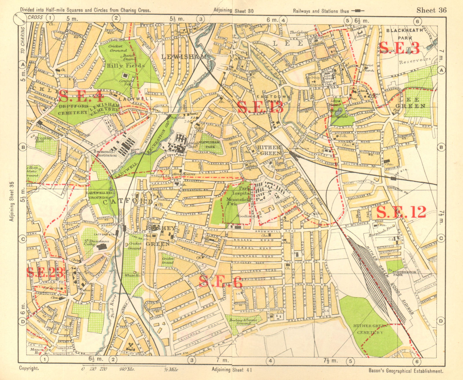 SE LONDON. Catford Hither/Rushey/Lee Green Lewisham Ladywell. BACON 1928 map