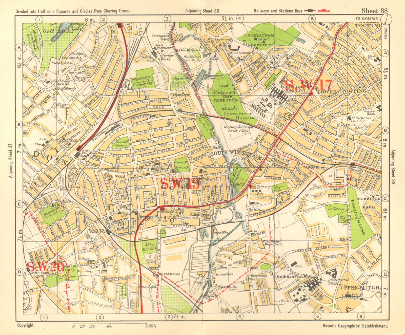 SW LONDON. Wimbledon Tooting Merton Morden Upper Mitcham. BACON 1928 old map