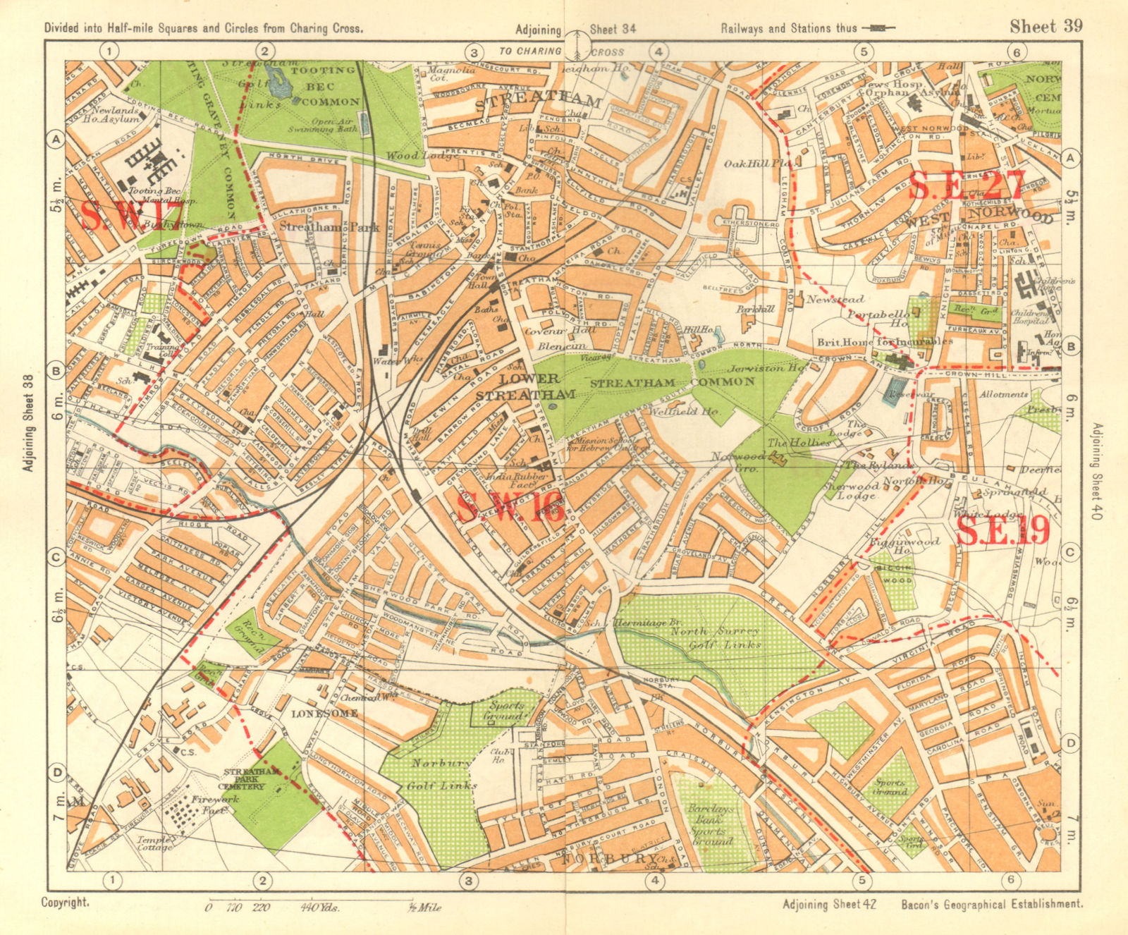 S LONDON. Streatham/Vale Norbury Tooting Bec West Norwood. BACON 1928 old map