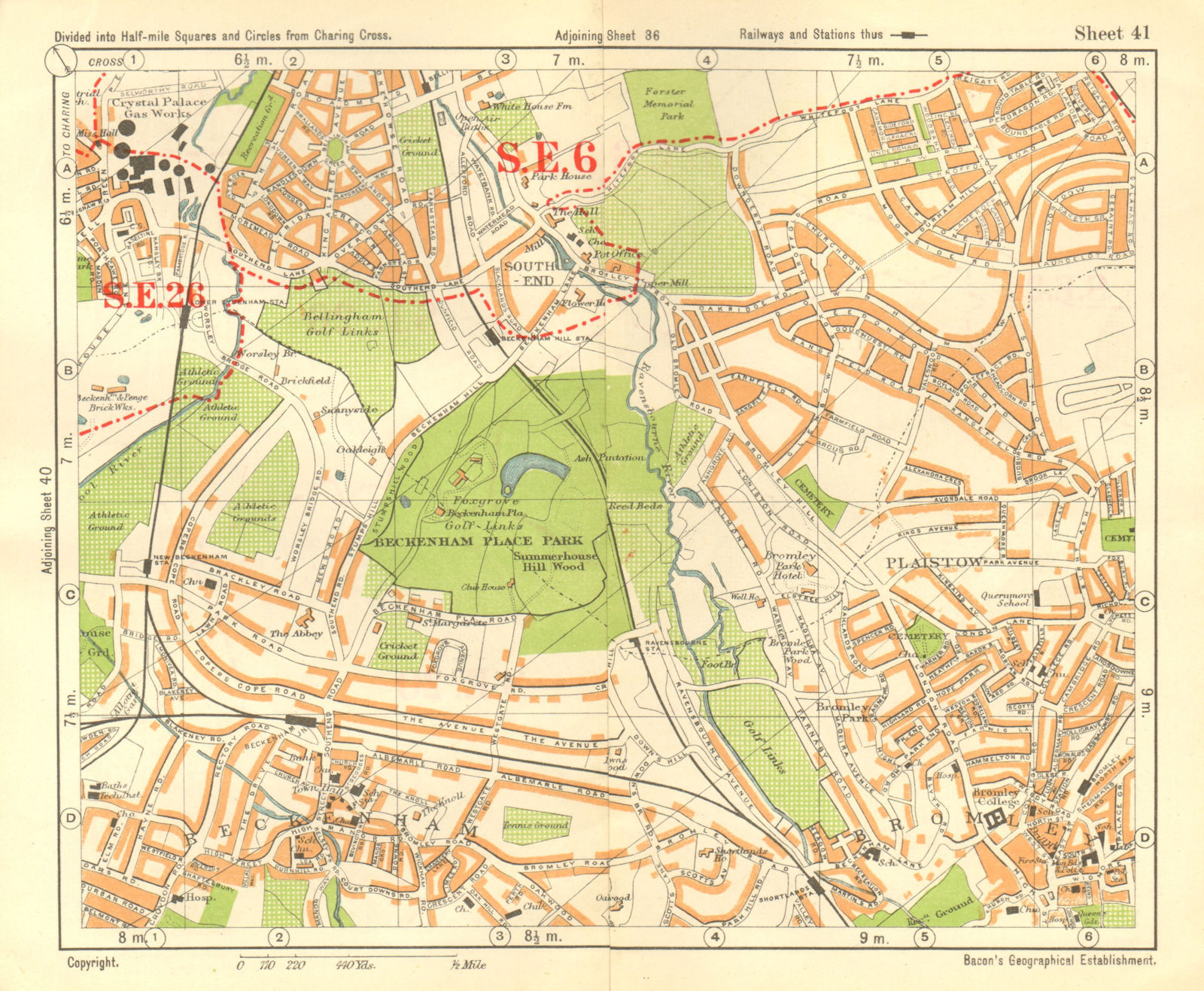 SE LONDON. Beckenham Downham Bellingham Bromley Bell Green. BACON 1928 old map