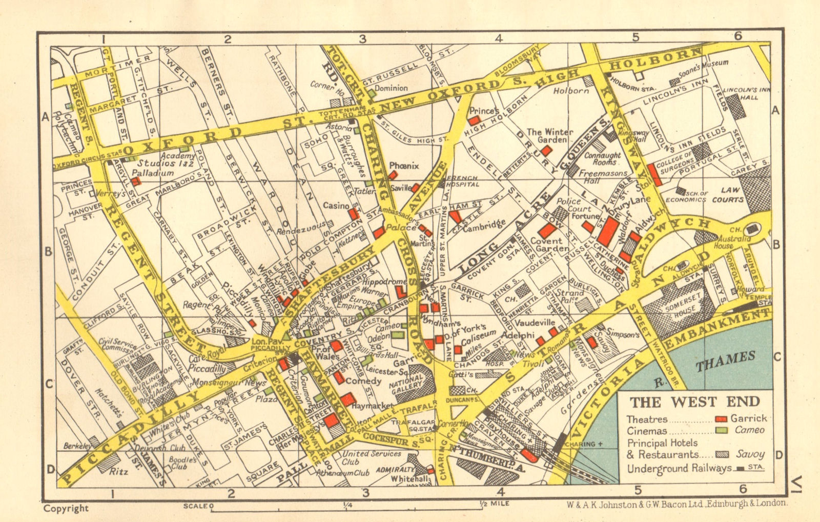 Associate Product LONDON WEST END. Theatres Cinemas. Principal Hotels Restaurants. BACON 1955 map