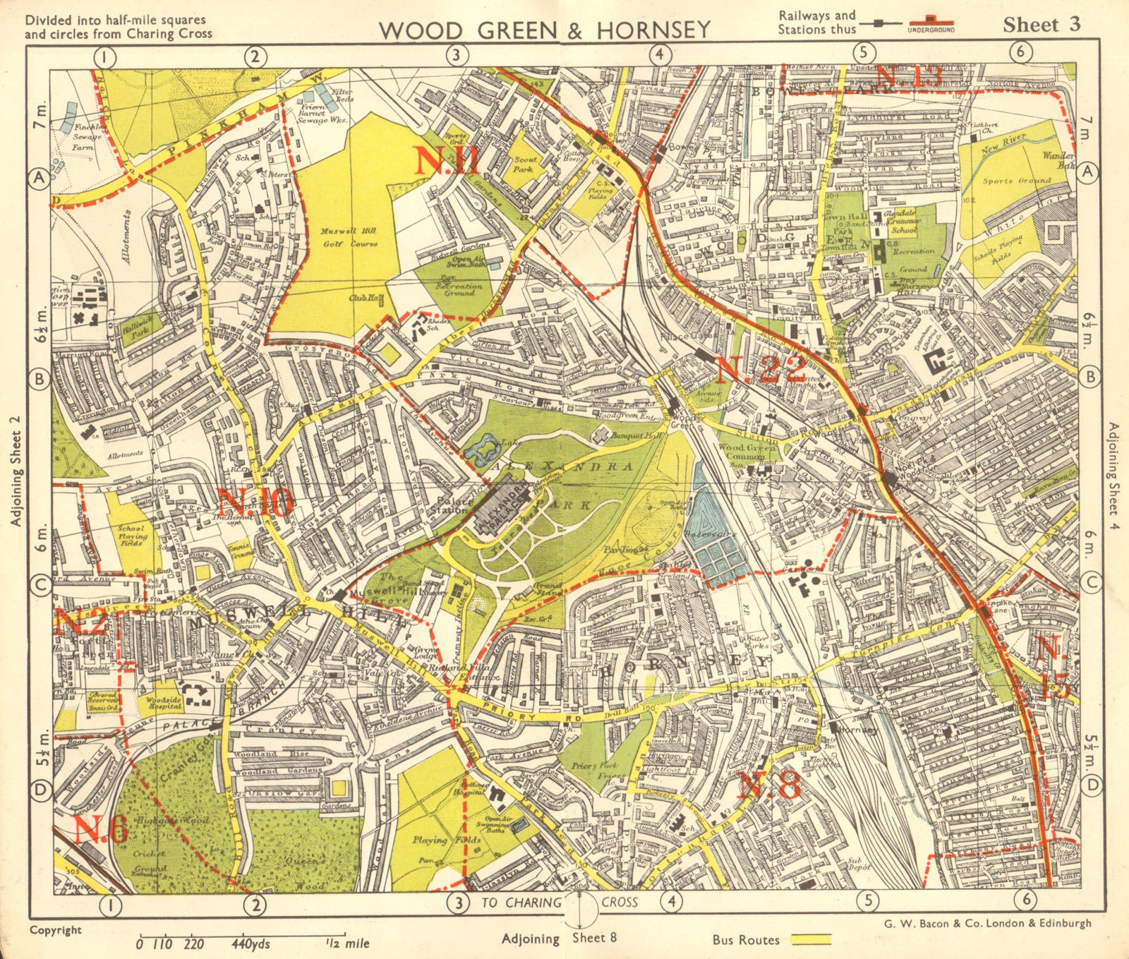 Associate Product N LONDON. Wood Green Hornsey Muswell Hill Bowes Park Alexandra P.BACON 1955 map