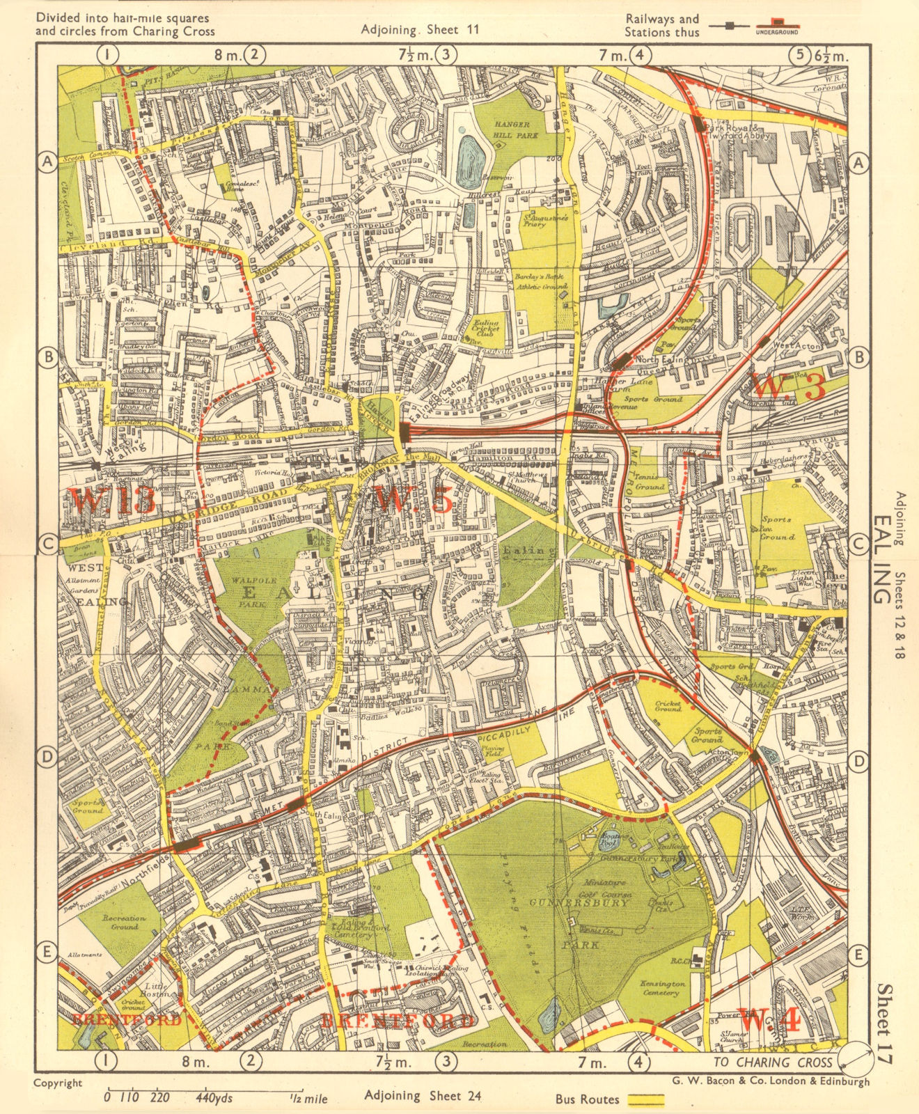 W LONDON. Ealing Park Royal West Acton Town Gunnersbury Park. BACON 1955 map