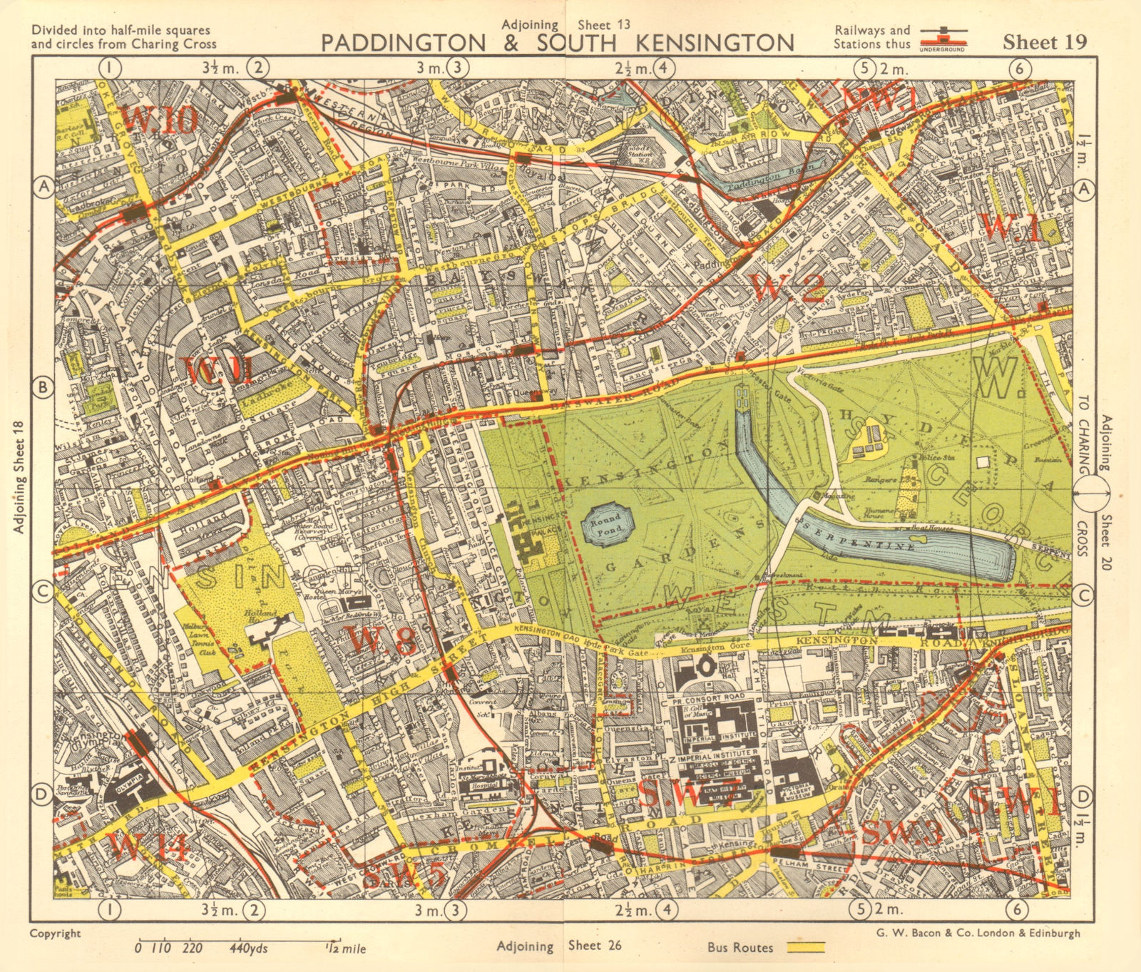 W LONDON. Paddington South Kensington Bayswater Notting Hill. BACON 1955 map