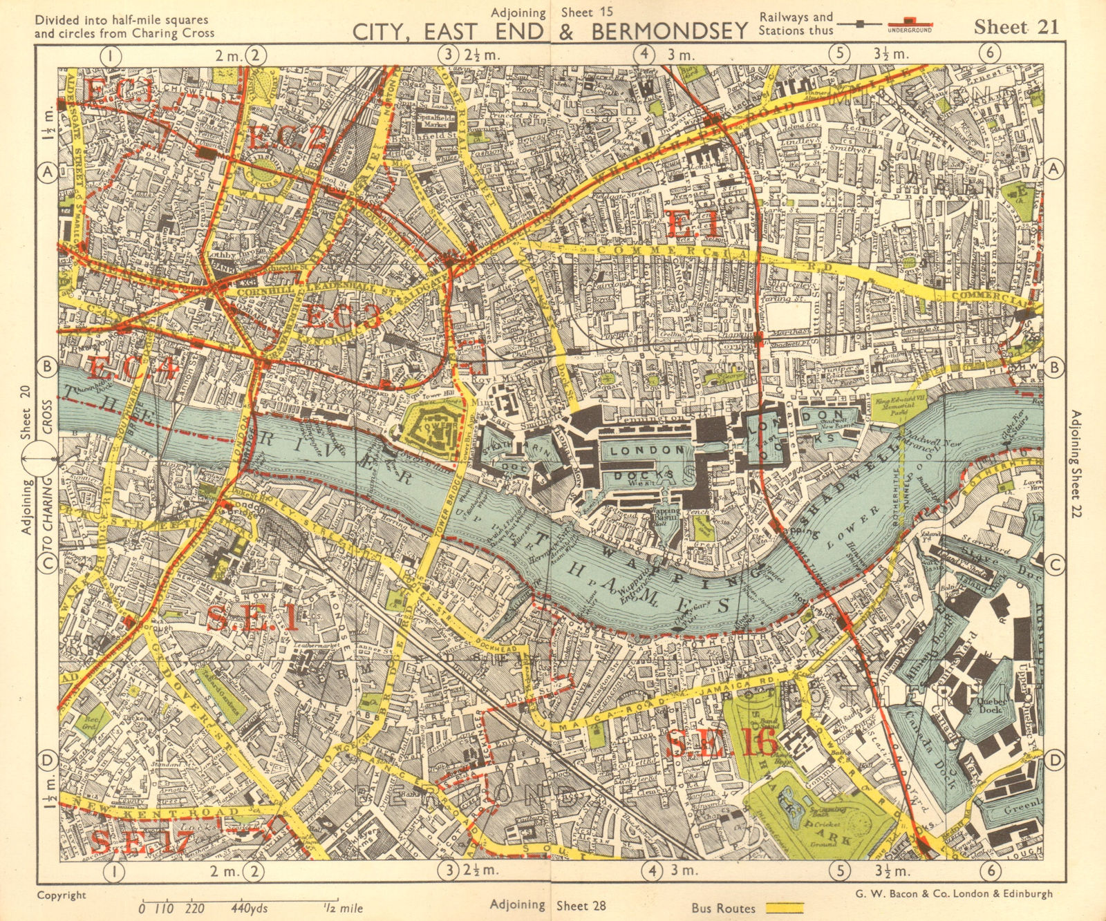 LONDON. City East End Bermondsey Stepney Rotherhithe Whitechapel.BACON 1955 map