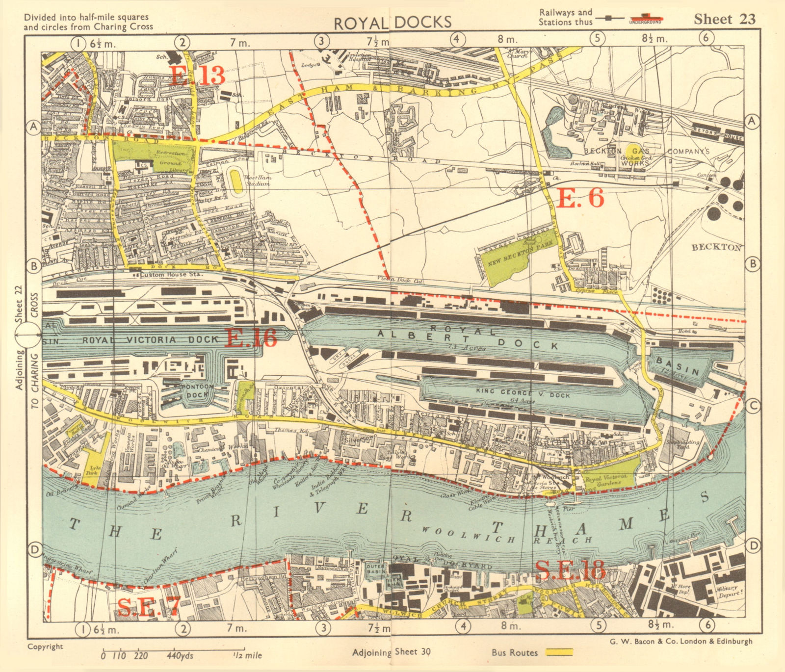 E LONDON Royal Victoria/Albert Docks Beckton Woolwich Silvertown.BACON 1955 map