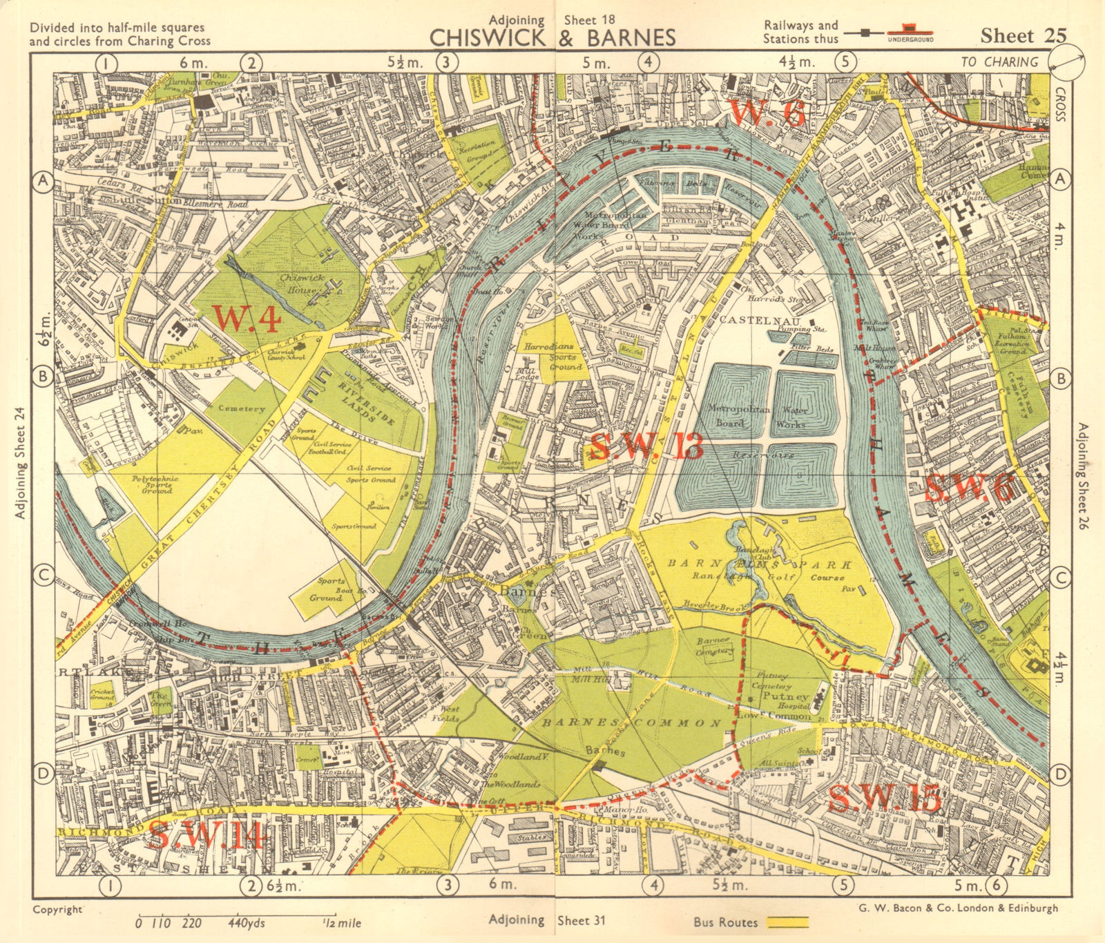 Associate Product SW LONDON. Chiswick Barnes Castlenau Fulham Hammersmith Mortlake.BACON 1955 map