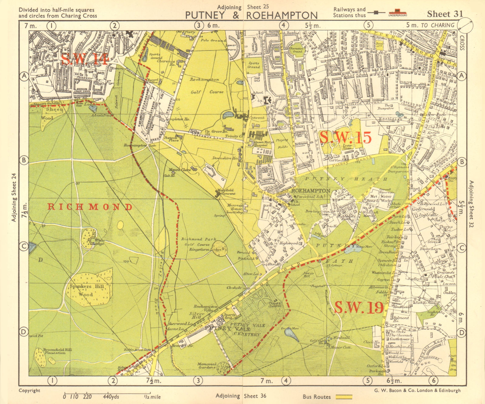 SW LONDON. Putney Roehampton Richmond Park Wimbledon Common. BACON 1955 map