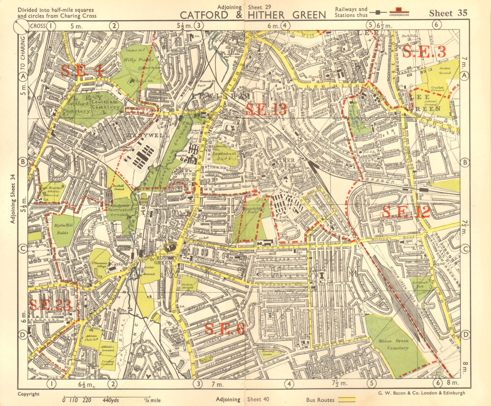 SE LONDON. Catford Hither/Rushey/Lee Green Lewisham Ladywell. BACON 1955 map