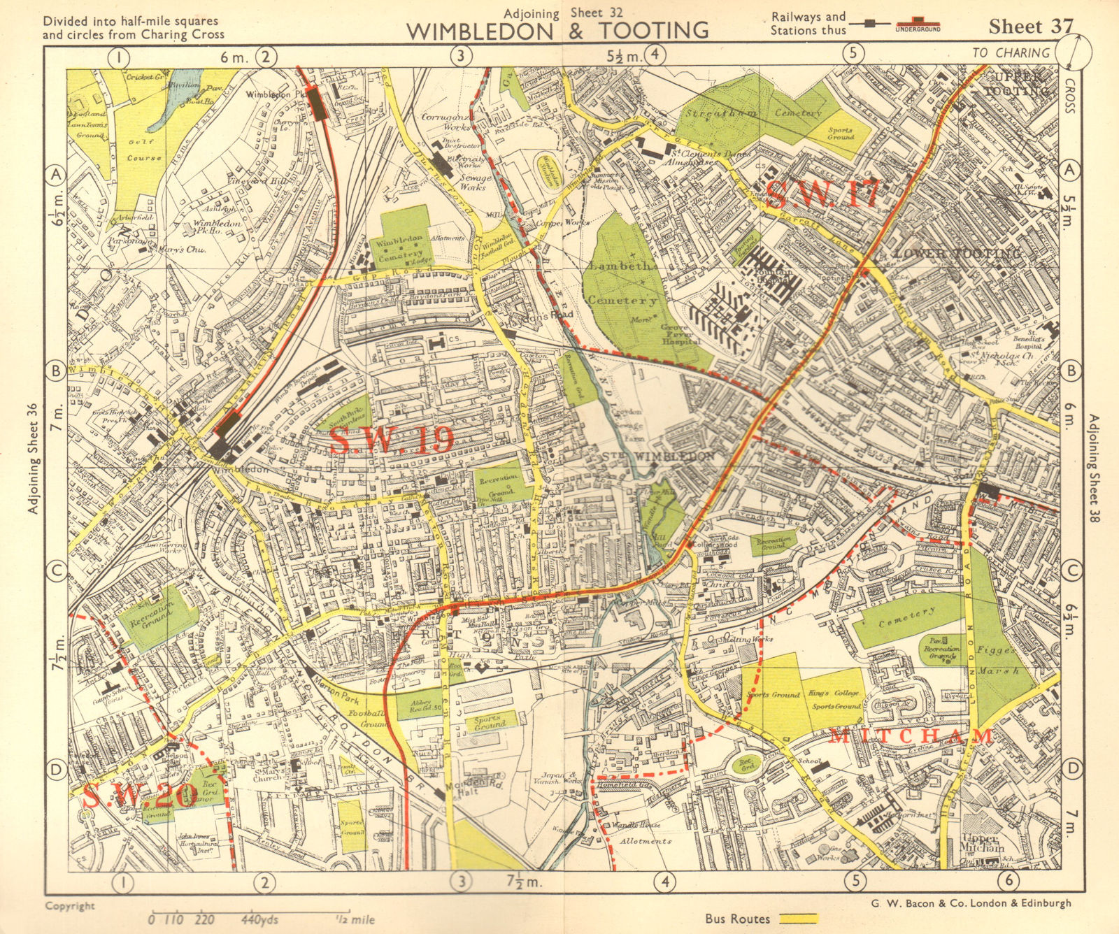 SW LONDON. Wimbledon Tooting Merton Morden Upper Mitcham. BACON 1955 old map