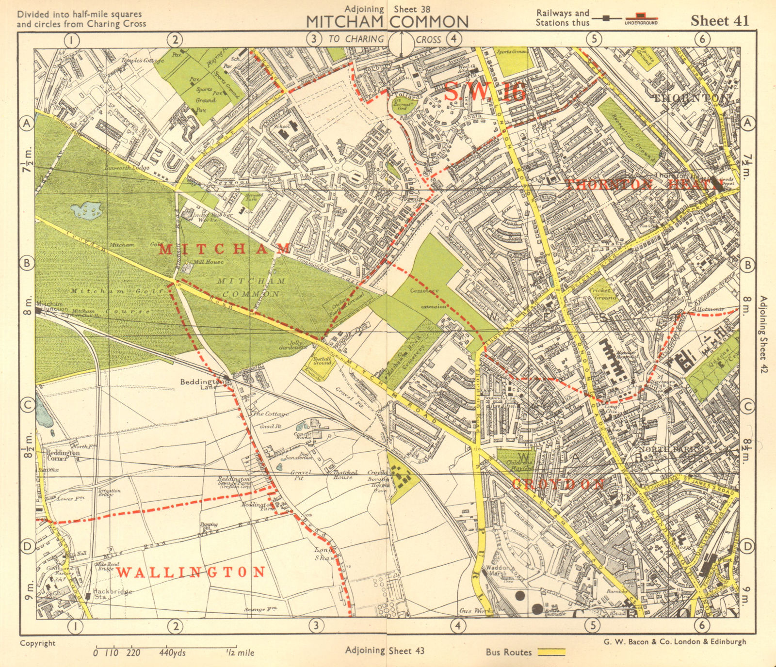 S LONDON. Mitcham Common Thornton Heath Croydon Beddington. BACON 1955 old map