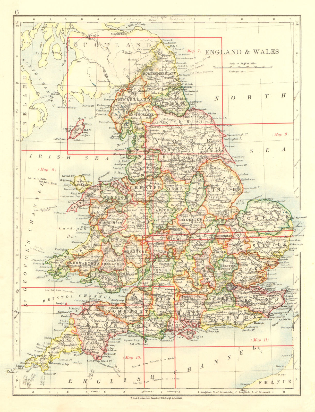 ENGLAND AND WALES. Counties. Westmorland. Telegraph cables.  JOHNSTON 1906 map