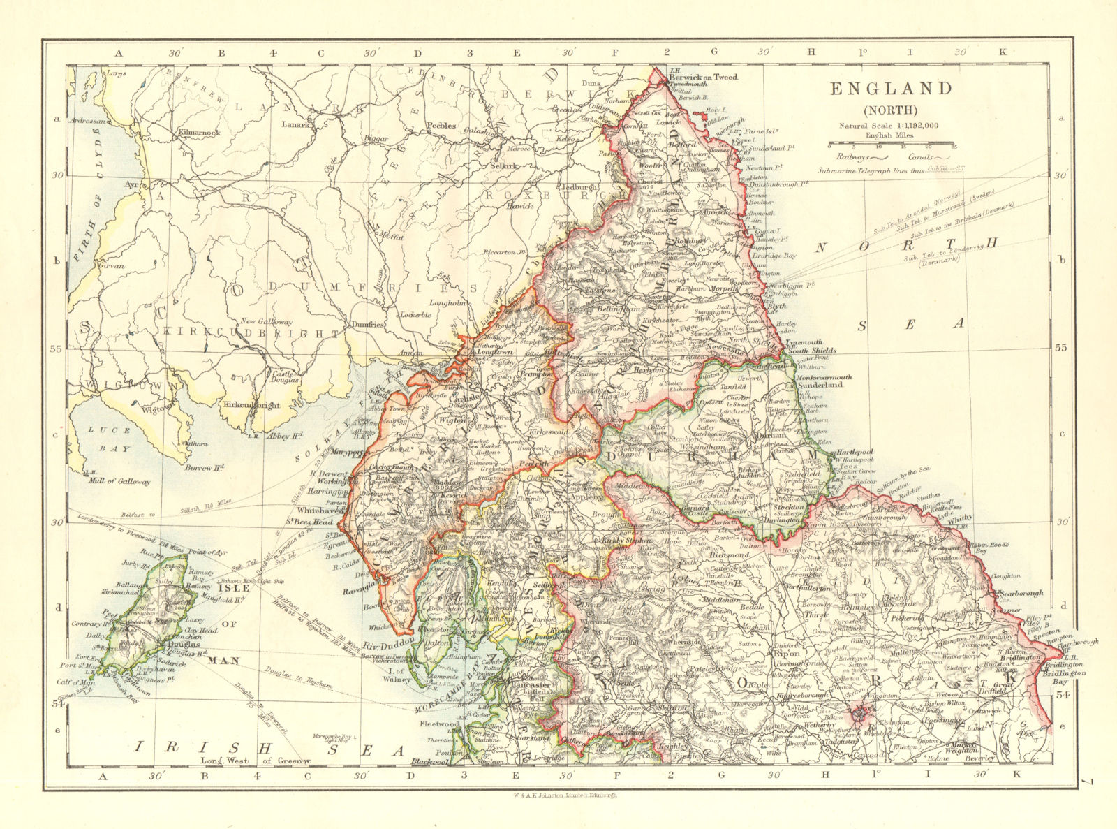 NORTHERN ENGLAND. Northumbs Durham Cumbs Westm N Yorks IOM.  JOHNSTON 1906 map