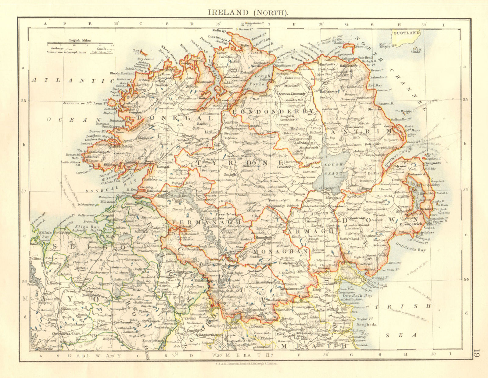 ULSTER. Antrim Down Armagh Cavan Tyrone &c. Northern Ireland.  JOHNSTON 1906 map