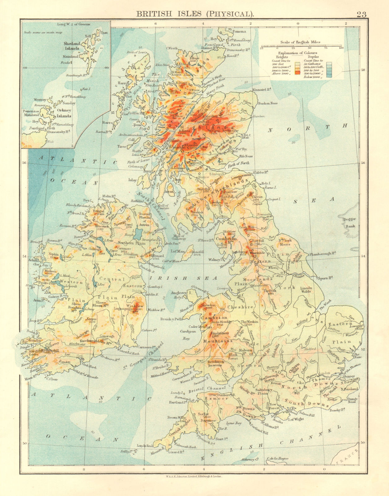 Associate Product BRITISH ISLES RELIEF. Showing isotherms in January & July.  JOHNSTON 1906 map