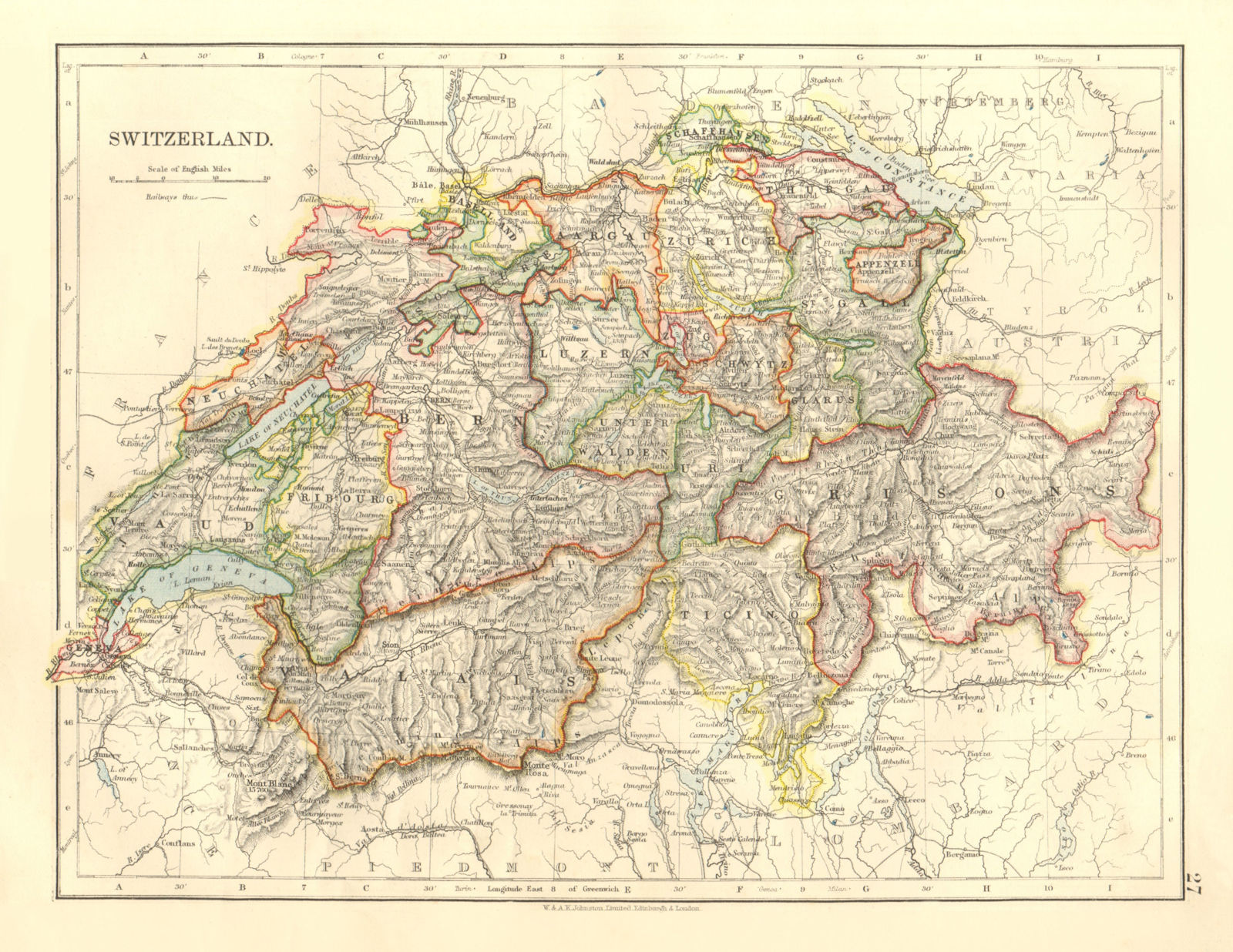 SWITZERLAND. Shows cantons & railways. Alps. Italian lakes.  JOHNSTON 1906 map