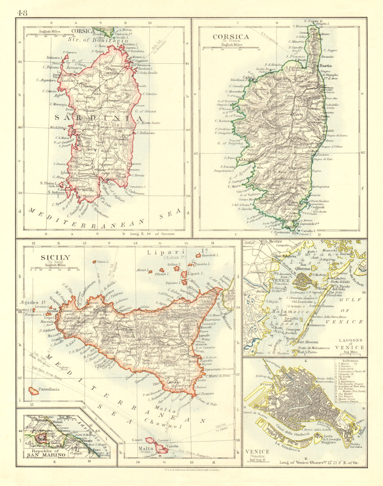 MEDITERRANEAN ISLANDS. Sardinia Corsica Venice Sicily Venezia. JOHNSTON 1906 map