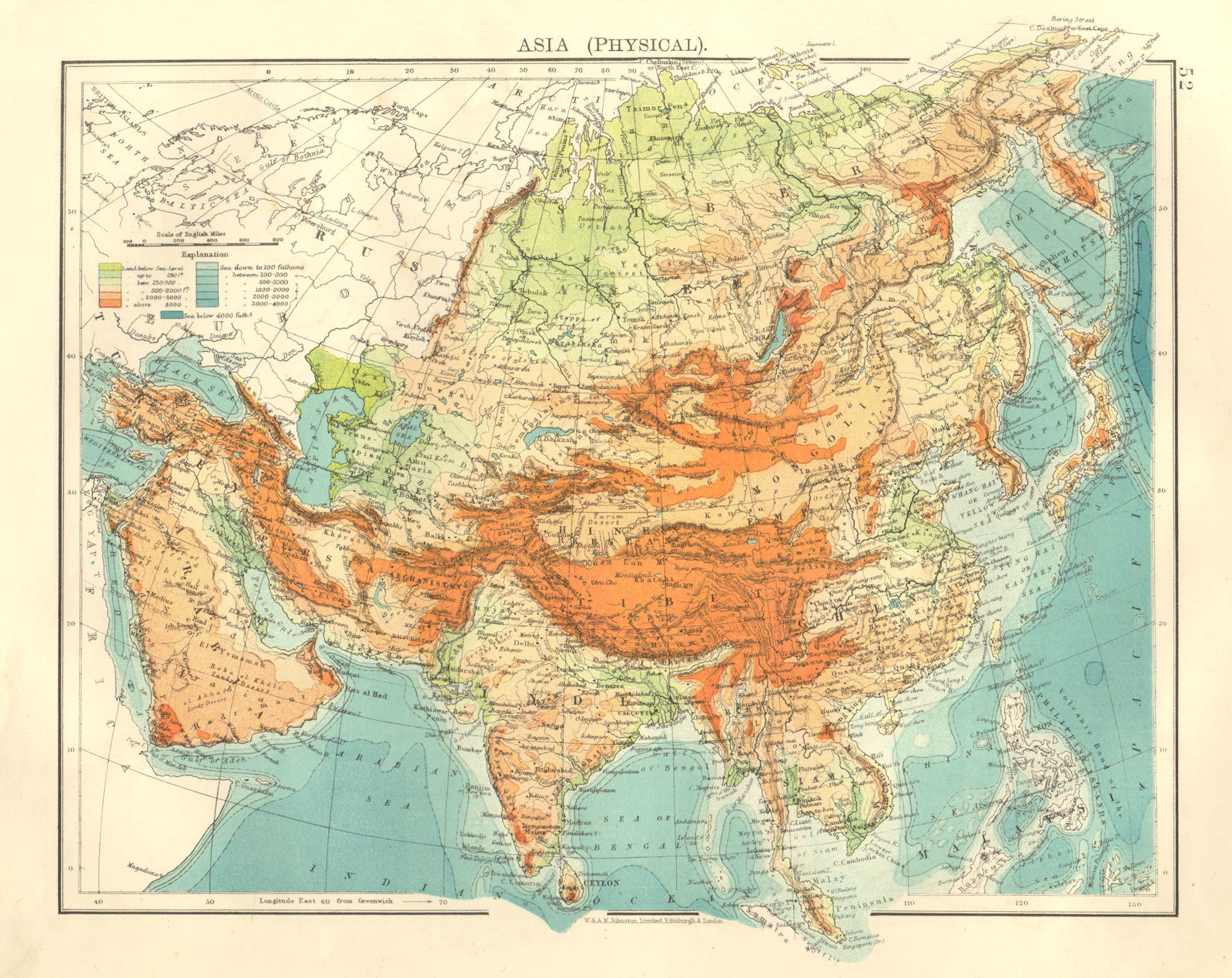 Associate Product ASIA PHYSICAL. Relief Mountain heights Ocean depths Rivers.  JOHNSTON 1906 map