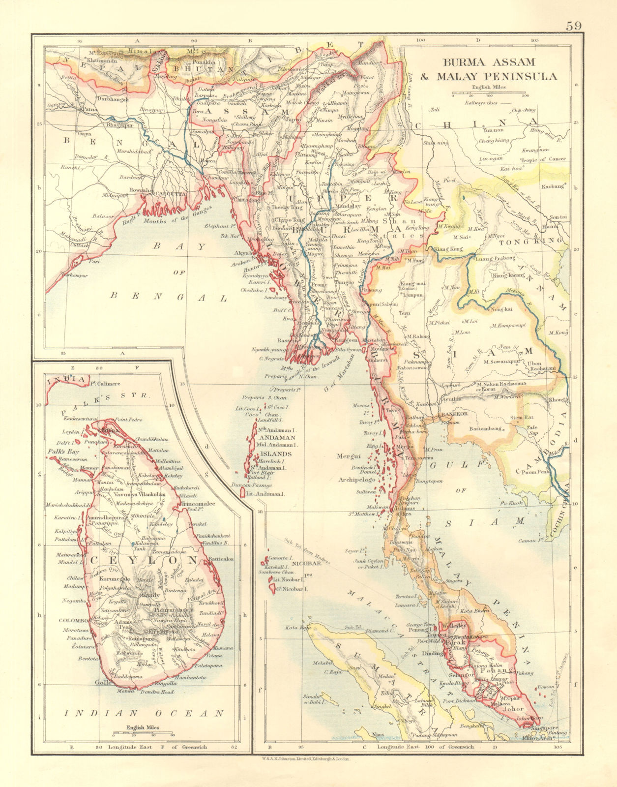 BURMA CEYLON SIAM MALAY PENINSULA. Assam Singapore Thailand 1906 old map