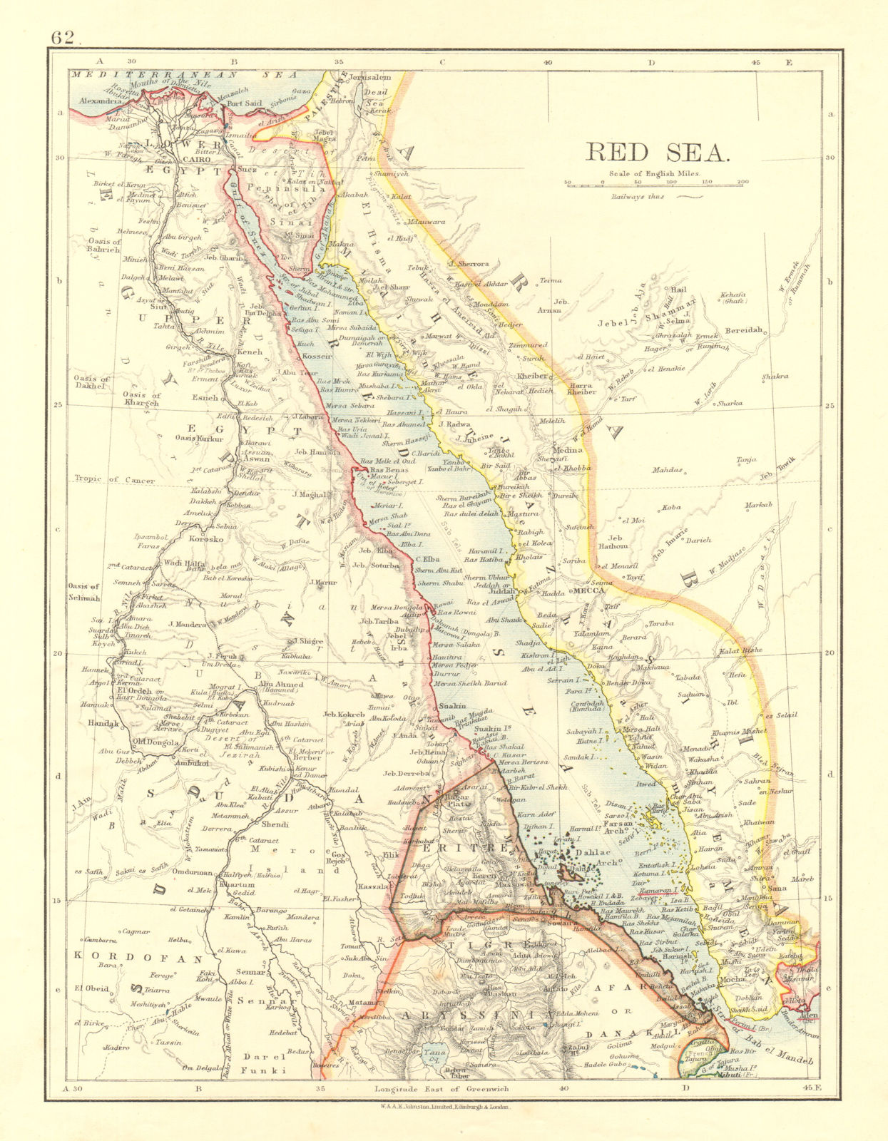 RED SEA. Egypt Eritrea Hedjaz Asir Yemen. Nile valley. Sinai.  JOHNSTON 1906 map