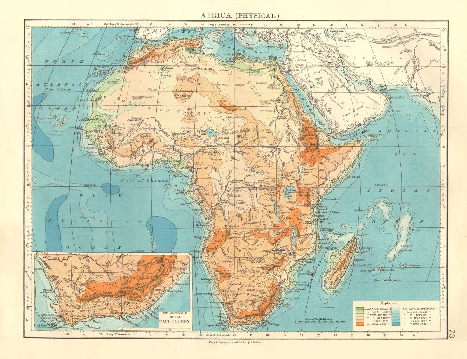 Associate Product AFRICA PHYSICAL. Relief ocean depths rivers.  JOHNSTON 1906 old antique map