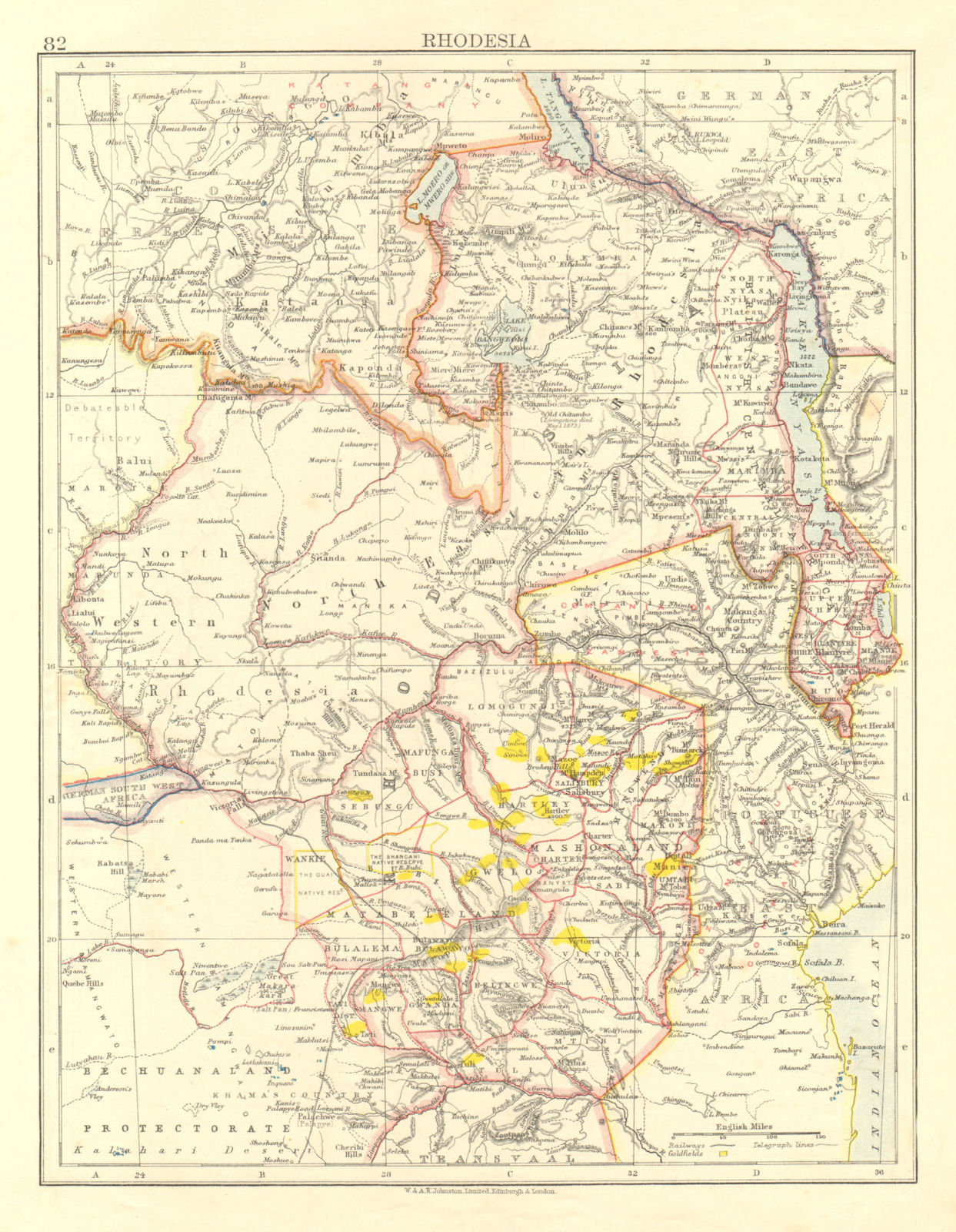 Associate Product RHODESIA. Goldfields (yellow). Zambesia. Zambia Malawi Zimbabwe 1906 map