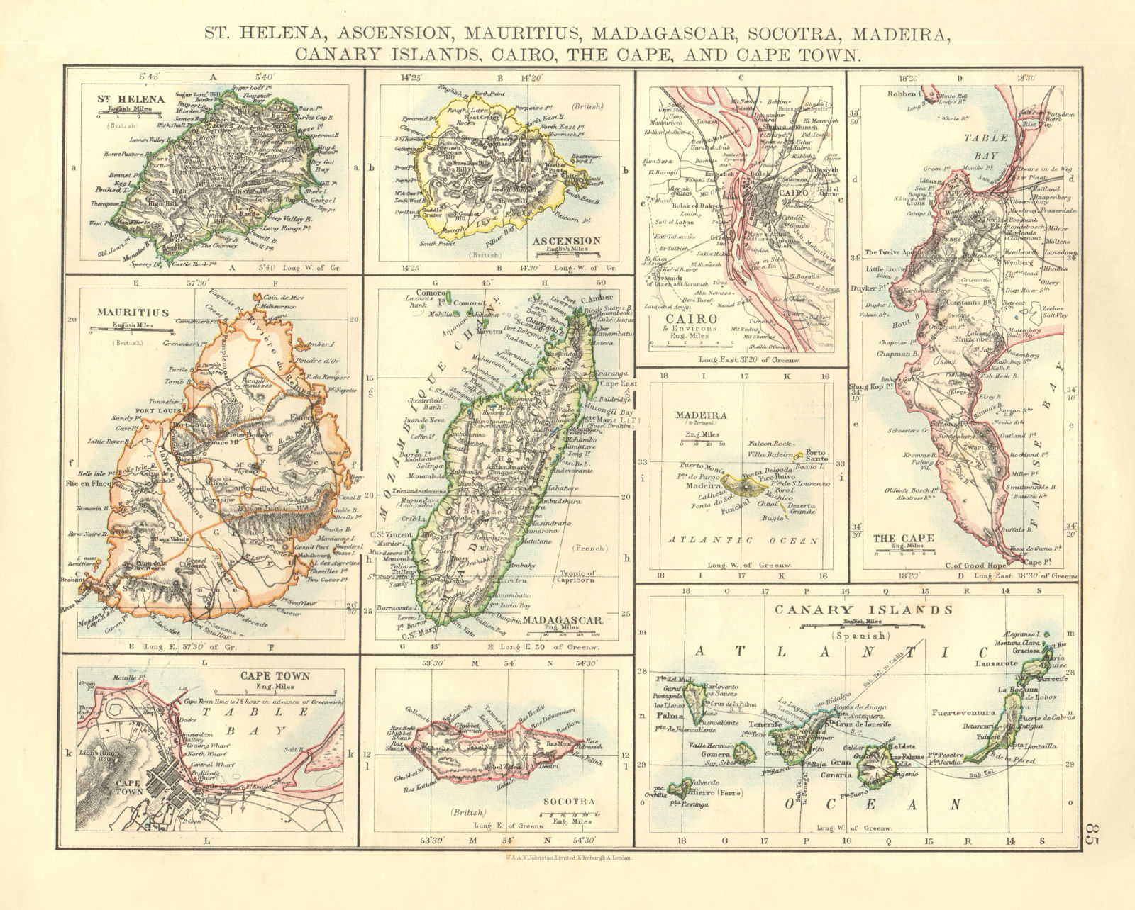 AFRICAN ISLANDS.Mauritius Madagascar Madeira Canaries St Helena 1906 old map