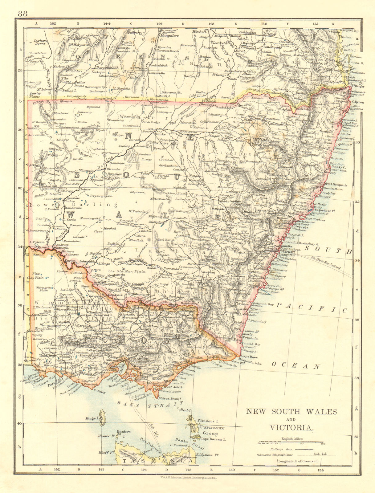 NEW SOUTH WALES & VICTORIA showing railways telegraph cables. Australia 1906 map