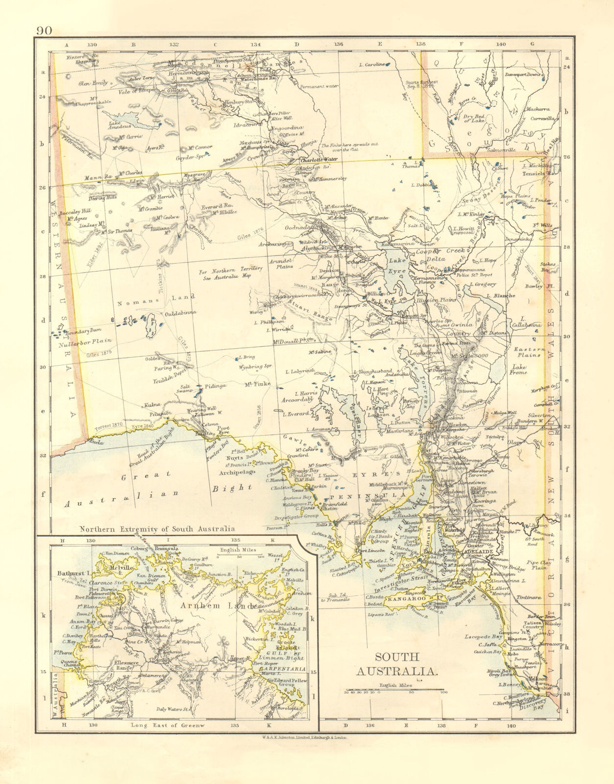 SOUTH AUSTRALIA.Explorer route Sturt Giles Elder Forrest Eyre Tictkins 1906 map
