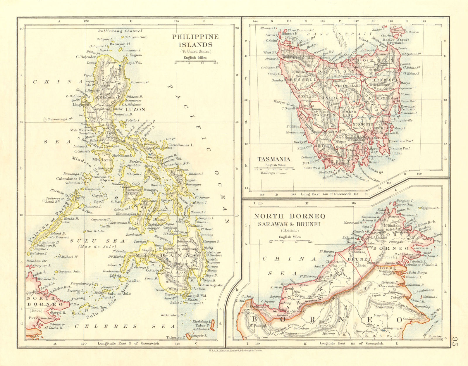 EAST ASIA. Philippines Tasmania North Borneo Brunei Sarawak.  JOHNSTON 1906 map