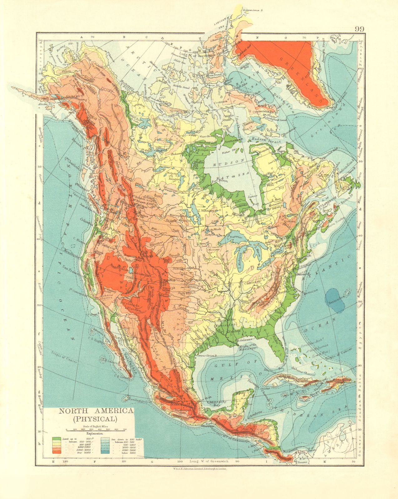 NORTH AMERICA PHYSICAL. Relief. Key mountains heights. Ocean depths  1906 map