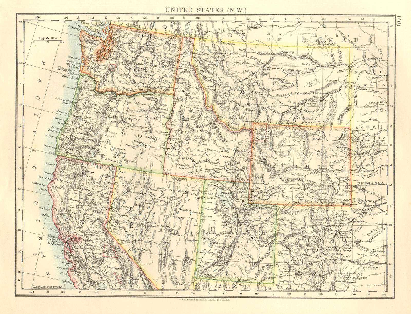Associate Product USA NORTH WEST. Washington Oregon ID MT WY Utah Nevada CA. JOHNSTON 1906 map