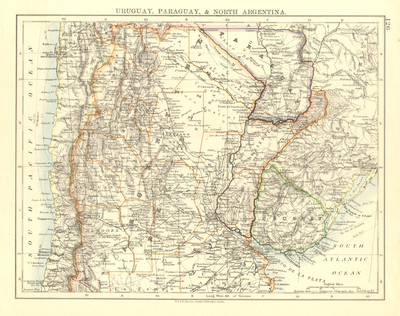 Associate Product URUGUAY PARAGUAY NORTH ARGENTINA. River Plate States Chile.  JOHNSTON 1906 map