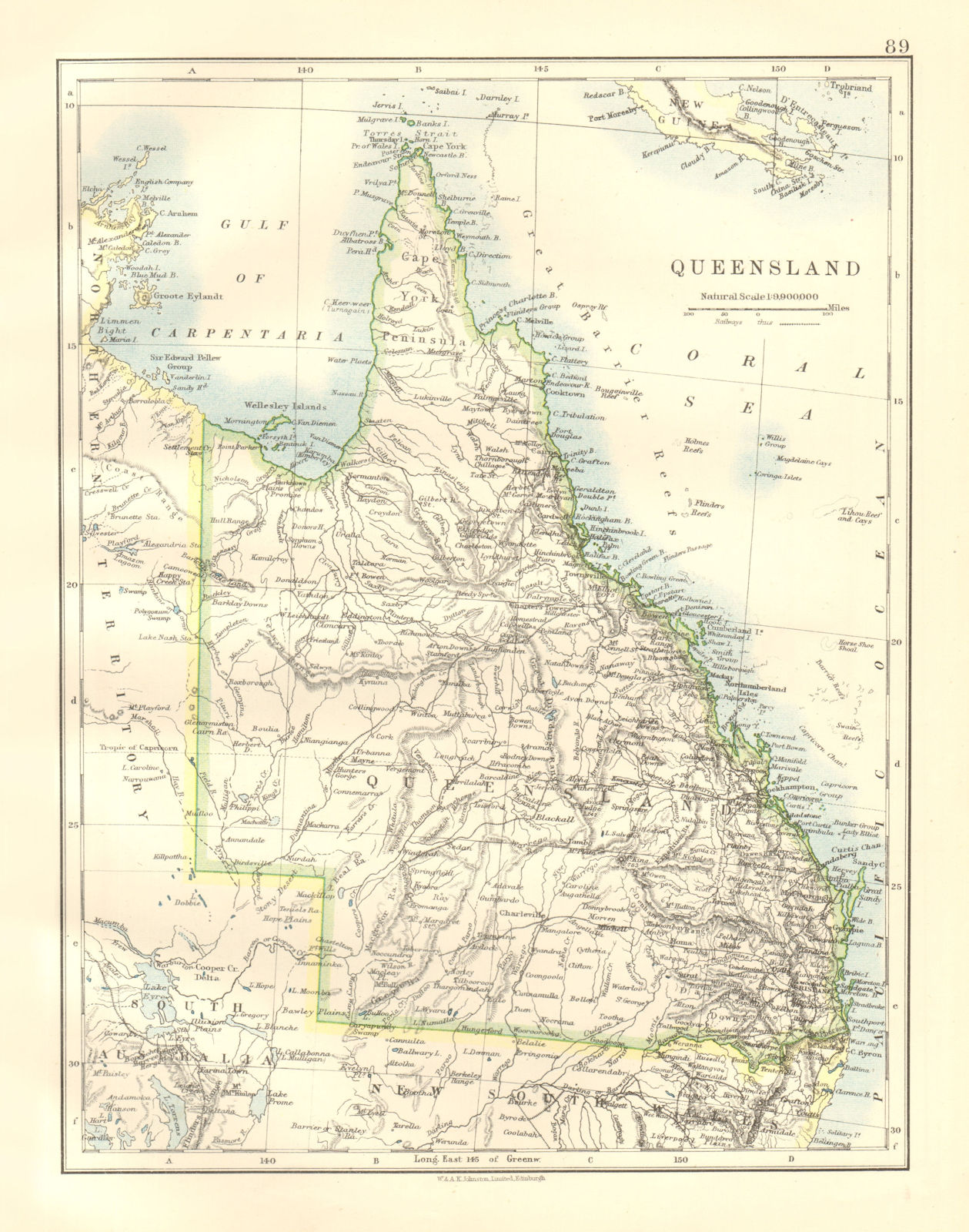 QUEENSLAND. State map Brisbane Gold Coast Railways. Australia. JOHNSTON 1920
