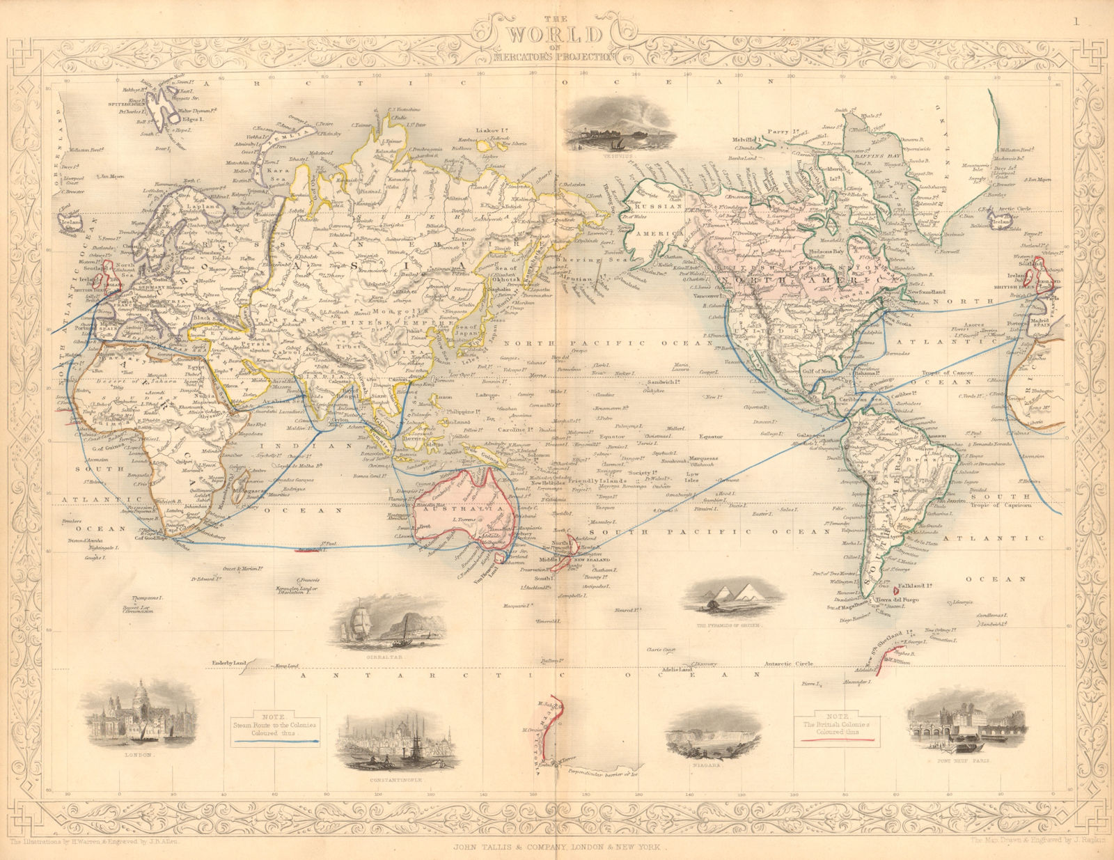 WORLD/British Empire. 'Steam routes to the colonies'. TALLIS/RAPKIN 1849 map