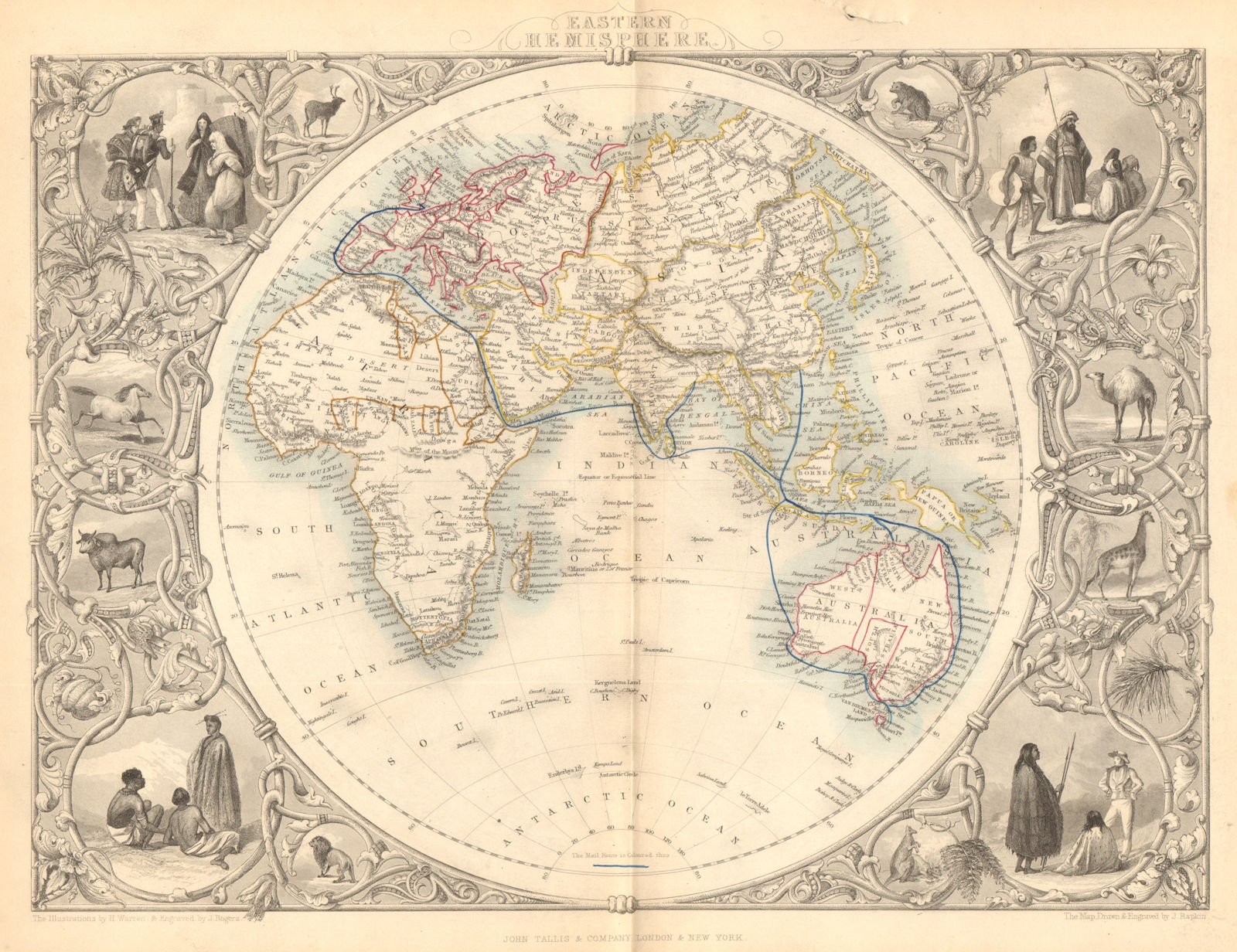 EASTERN HEMISPHERE. Mail route to British colonies. Asia.TALLIS/RAPKIN 1849 map