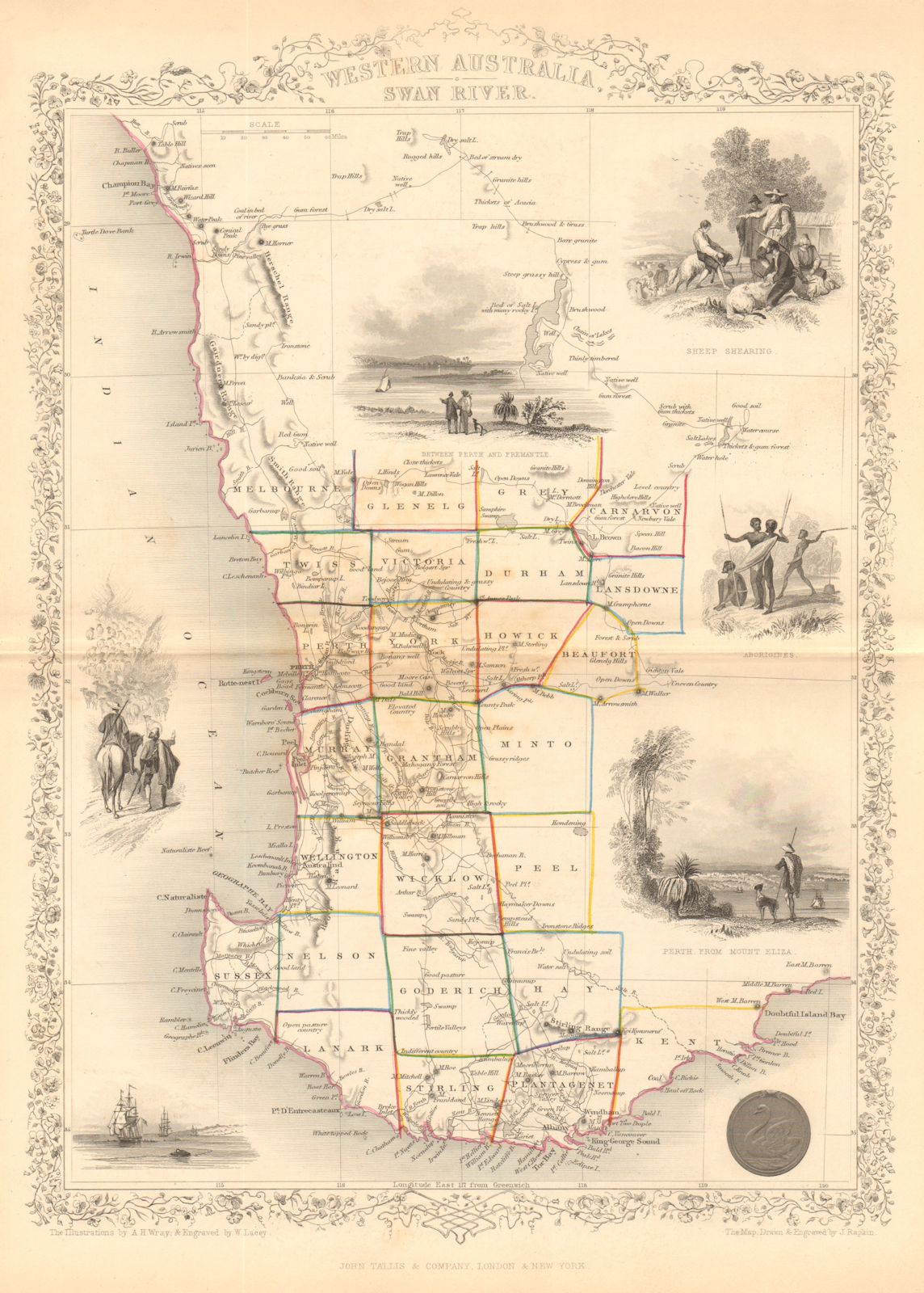 Associate Product WESTERN AUSTRALIA, SWAN RIVER. Perth vignette. Counties.TALLIS/RAPKIN 1849 map
