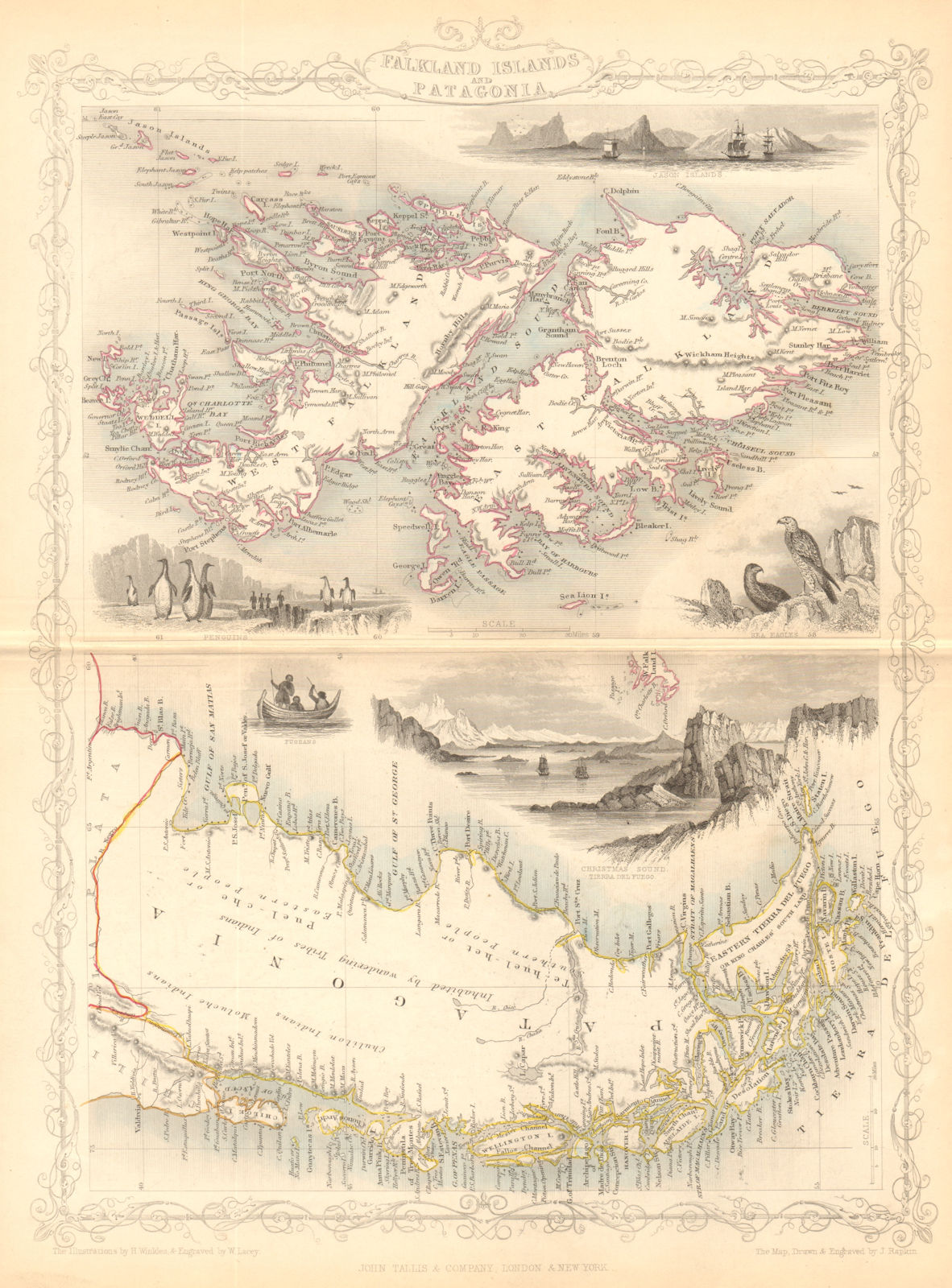 FALKLAND ISLANDS & PATAGONIA. Cape Horn.Tierra del Fuego.TALLIS/RAPKIN 1849 map