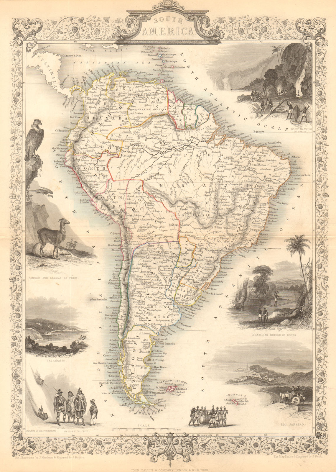 SOUTH AMERICA. Peru–Bolivian Confederacy. Gran Colombia. TALLIS/RAPKIN 1849 map
