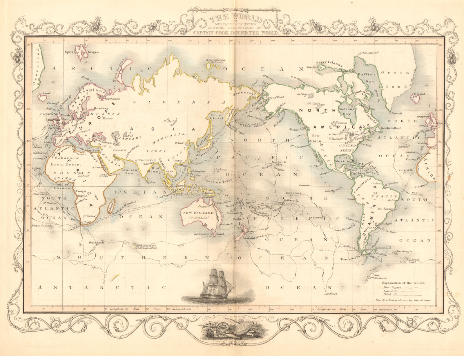 THE WORLD. 'Shewing the voyages of Captain Cook'. TALLIS/RAPKIN 1849 old map
